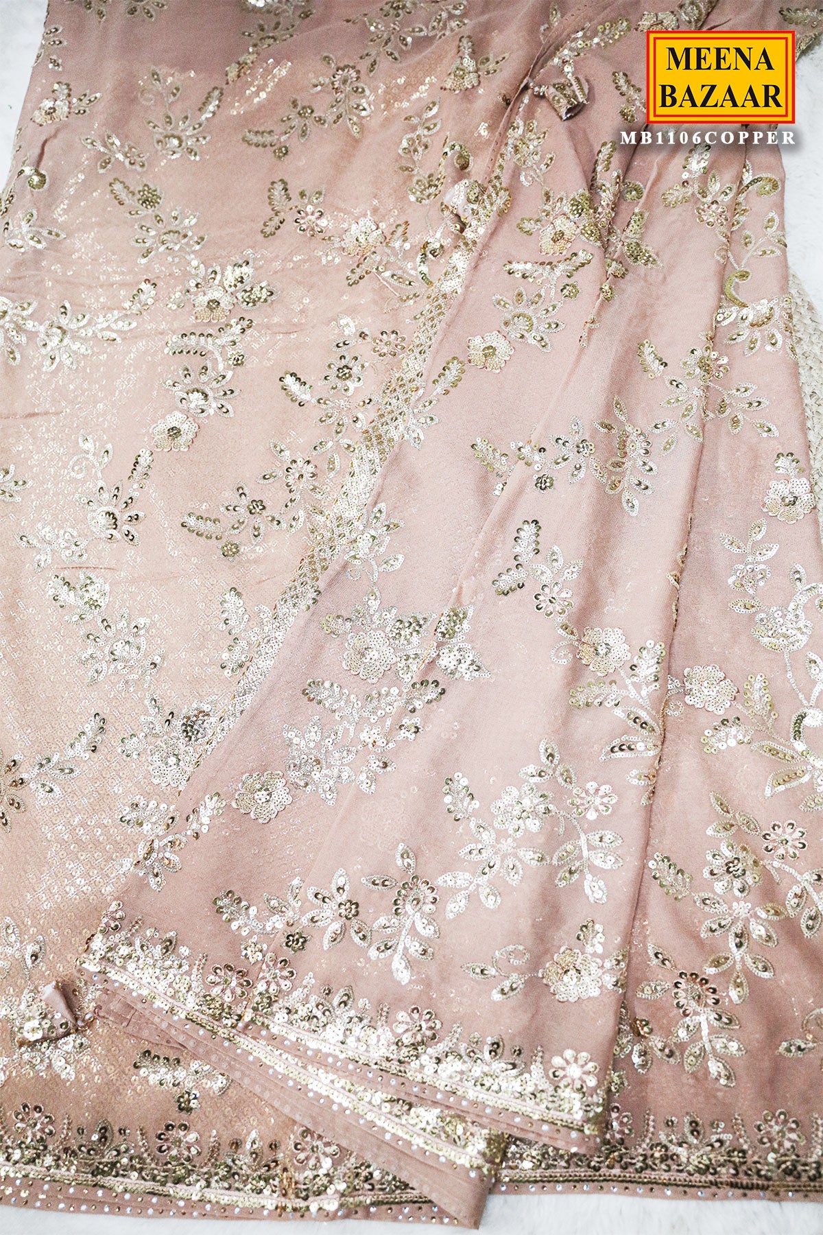 Brushed Copper Brown Floral Sequin Embroidered Georgette Saree - Image 4