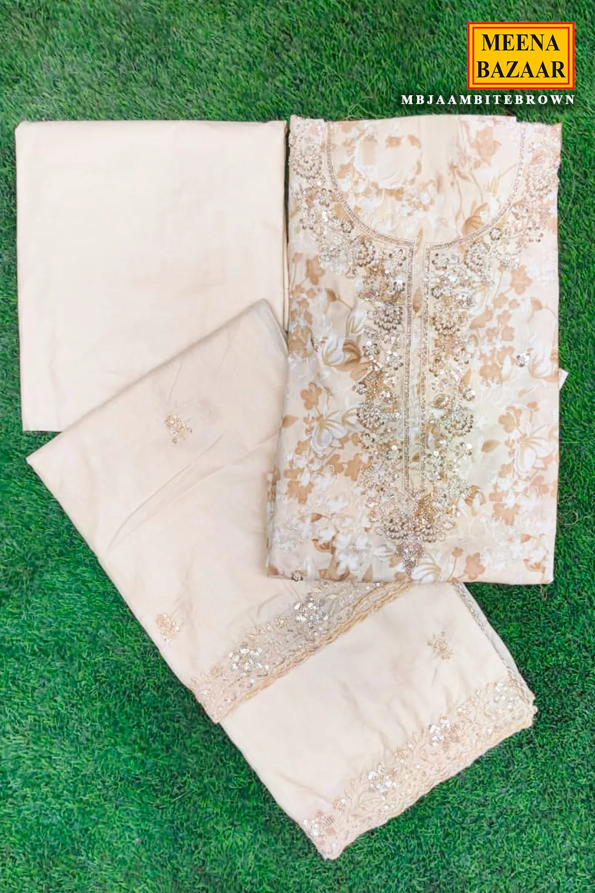 Classic Brown Cotton Unstitched Suit with Elegant Embroidered Detailing - Image 4