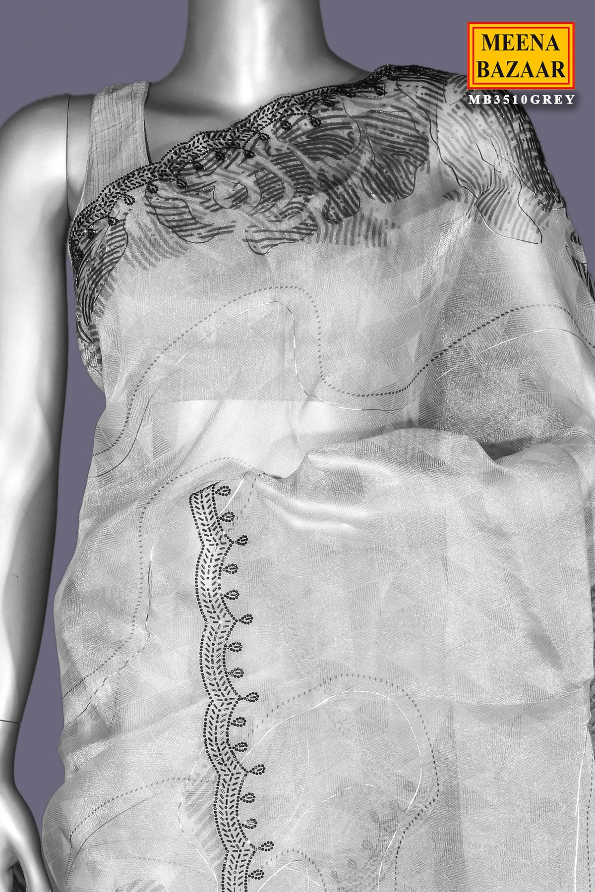 Elegant Grey Tissue Saree with Embroidery - Image 5