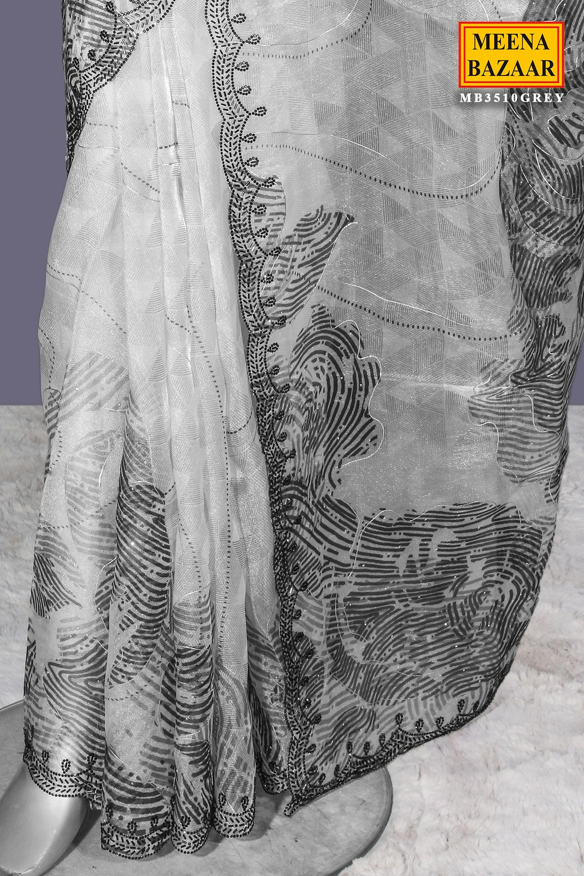 Elegant Grey Tissue Saree with Embroidery - Image 6