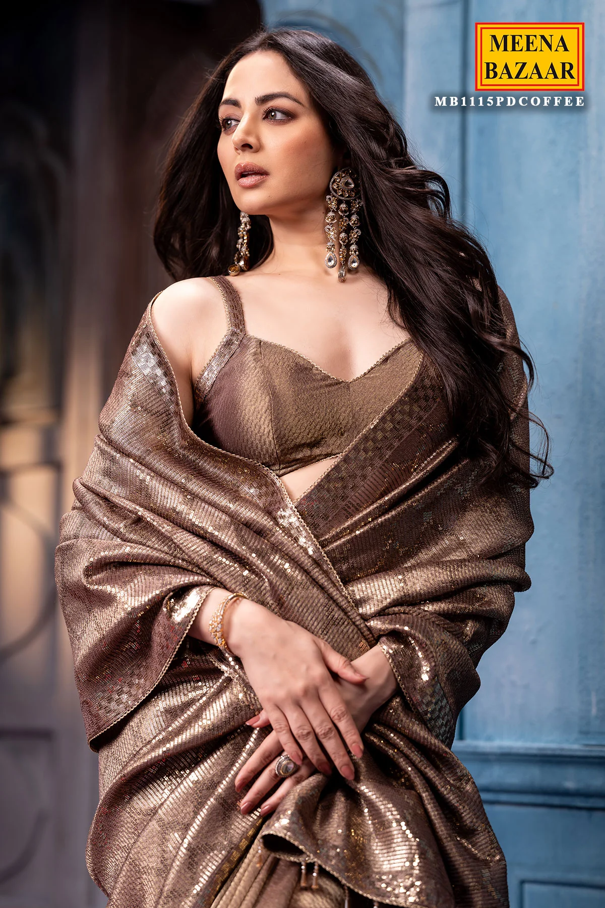Dusty Brown Sequins Designer Saree Luxury Wedding & Festive Wear - Image 3