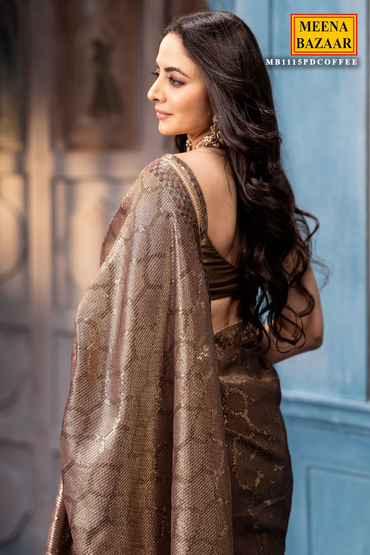 Dusty Brown Sequins Designer Saree Luxury Wedding & Festive Wear - Image 7