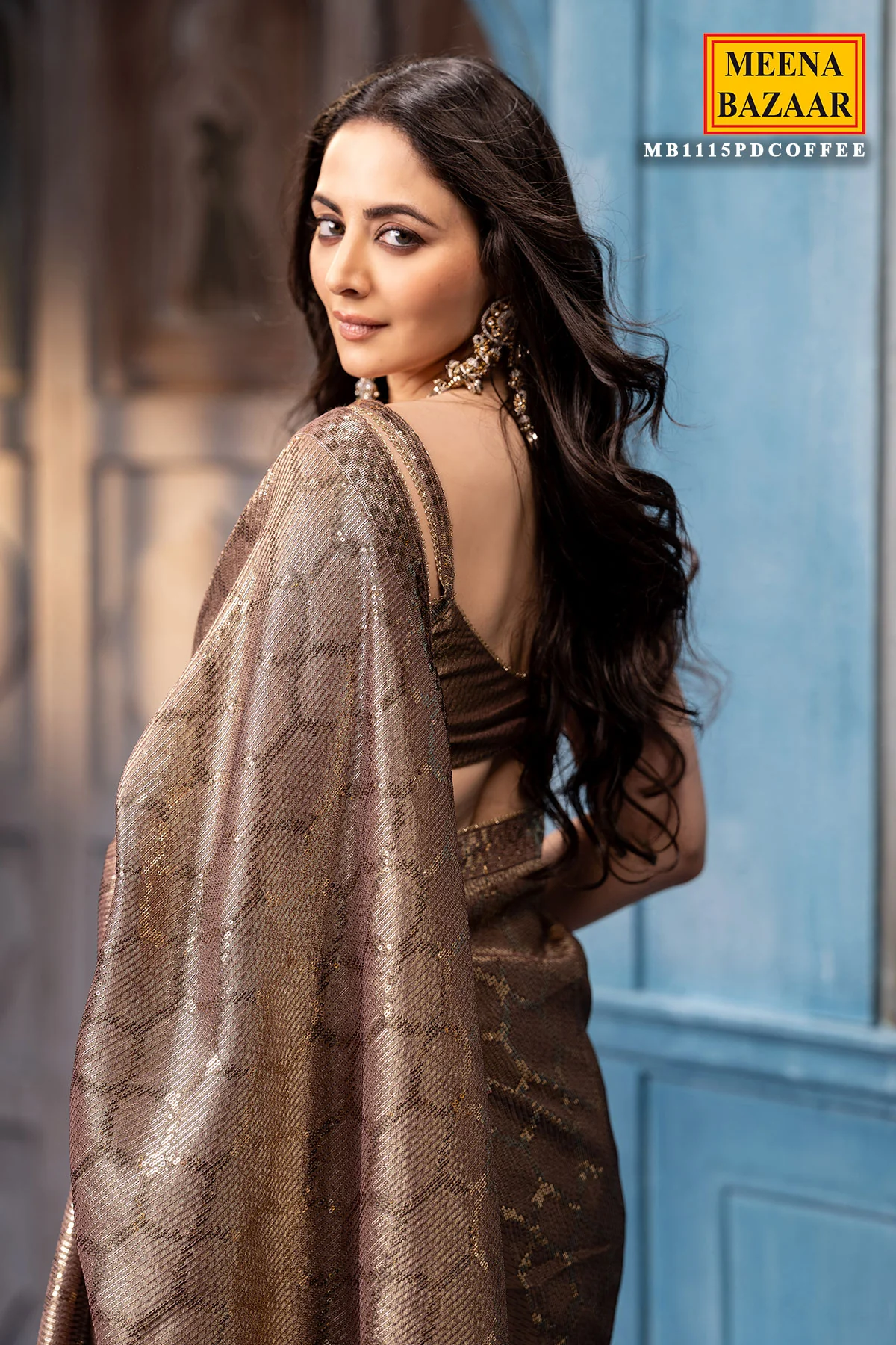 Dusty Brown Sequins Designer Saree Luxury Wedding & Festive Wear - Image 8