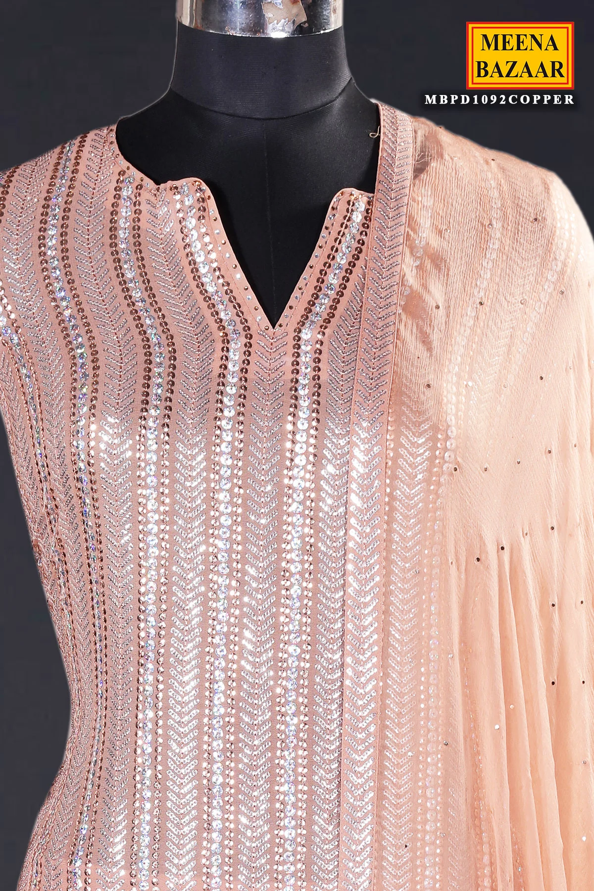 Copper Brown Georgette Sequin Embroidered 3Pc Unstitched Suit Set - Image 5