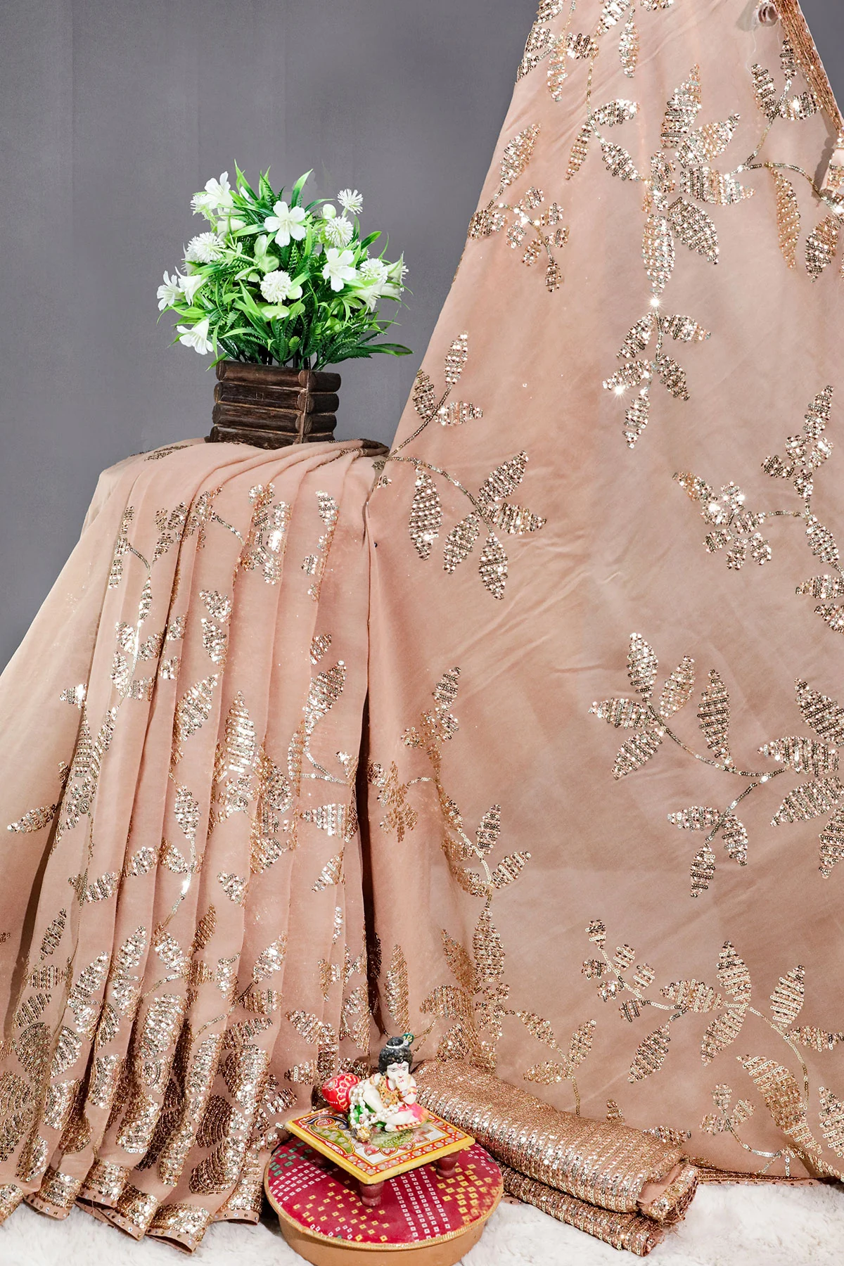 Gold Floral Sequin Embroidered Georgette Saree