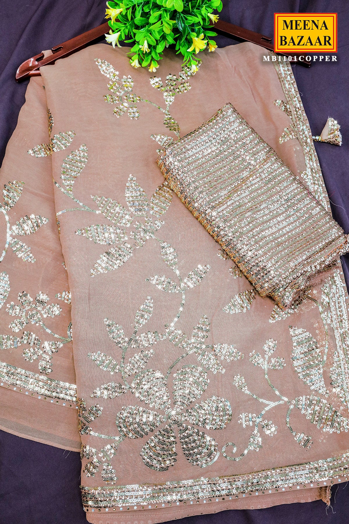 Gold Floral Sequin Embroidered Georgette Saree - Image 2