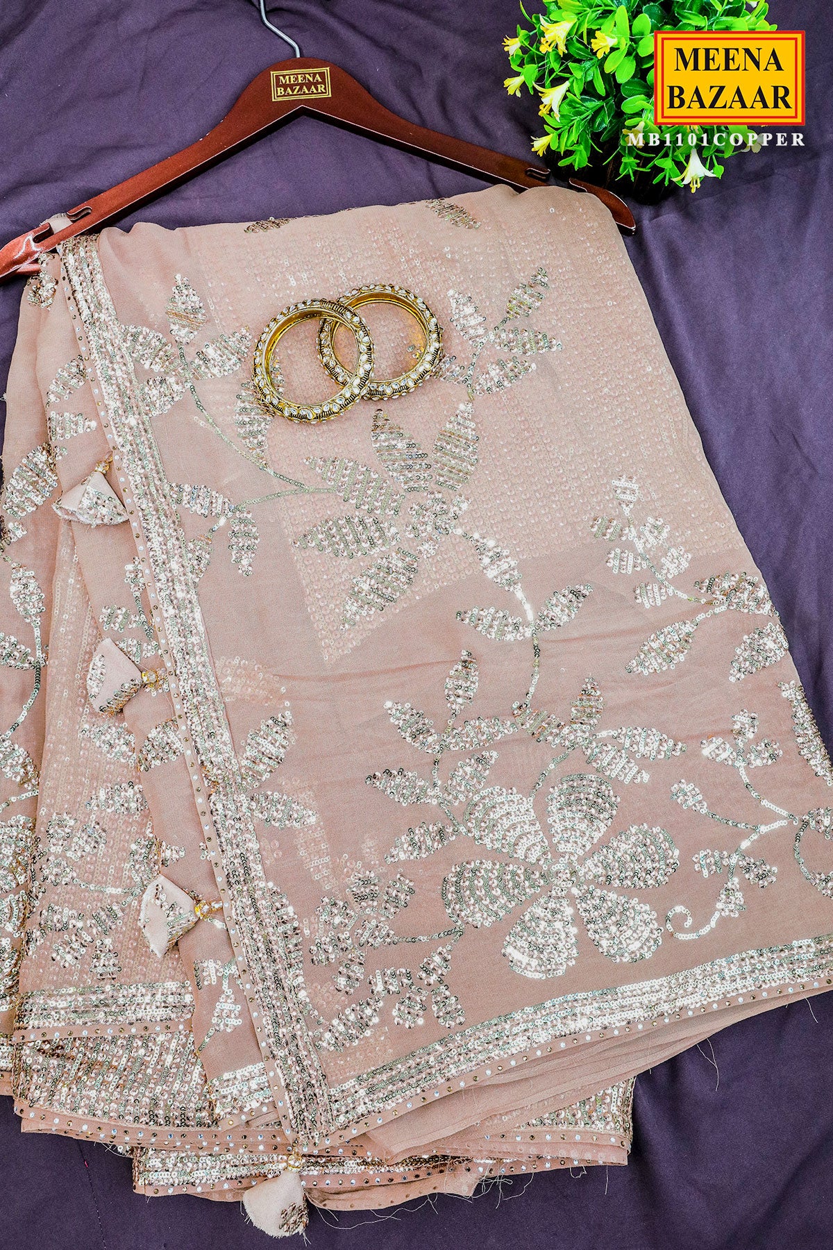 Gold Floral Sequin Embroidered Georgette Saree - Image 3