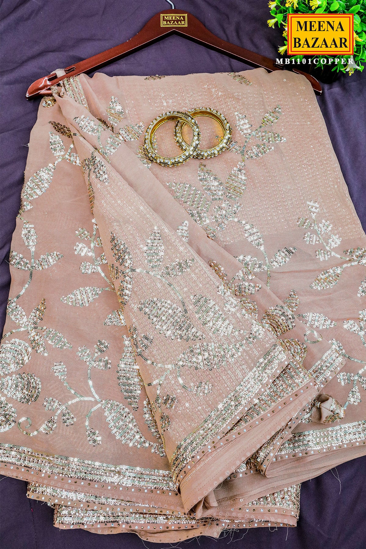 Gold Floral Sequin Embroidered Georgette Saree - Image 4