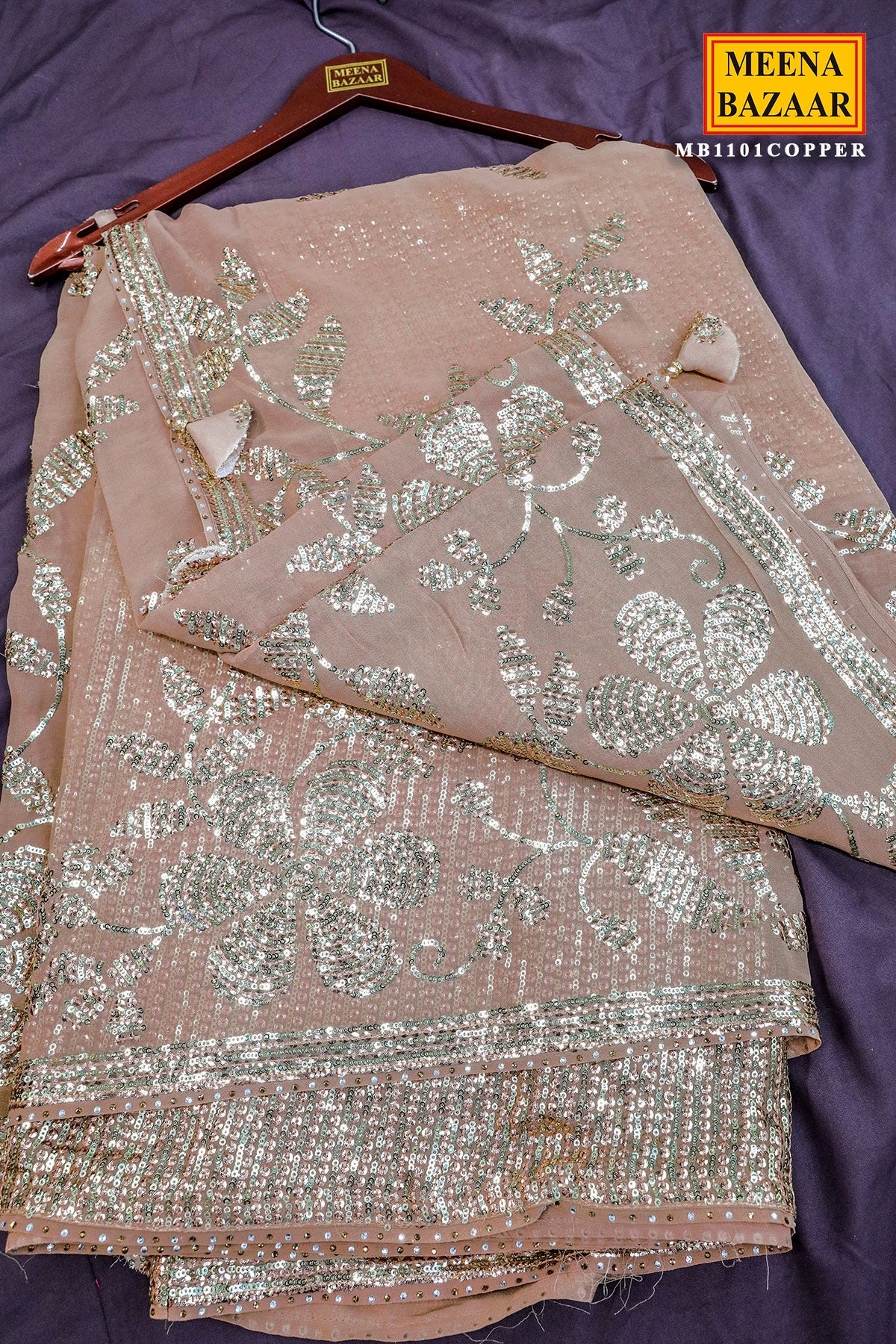 Gold Floral Sequin Embroidered Georgette Saree - Image 5
