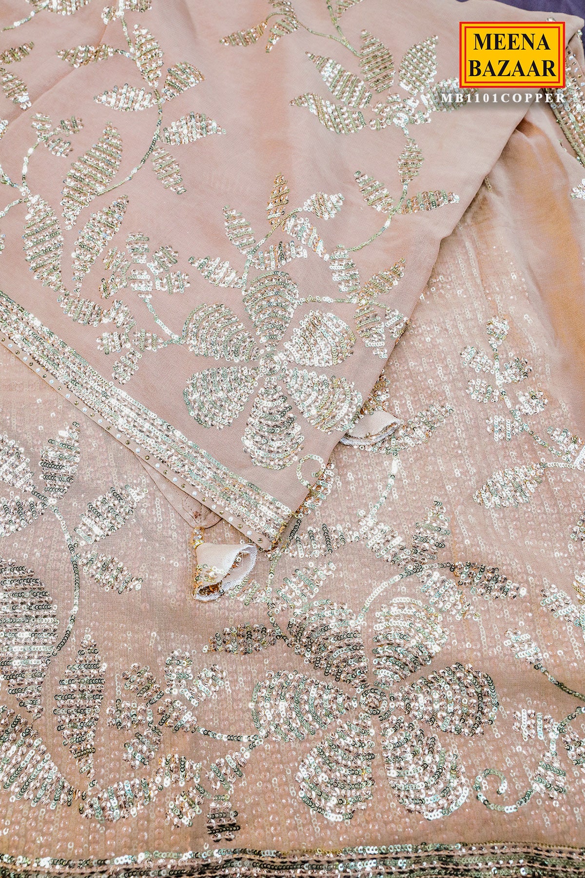 Gold Floral Sequin Embroidered Georgette Saree - Image 6