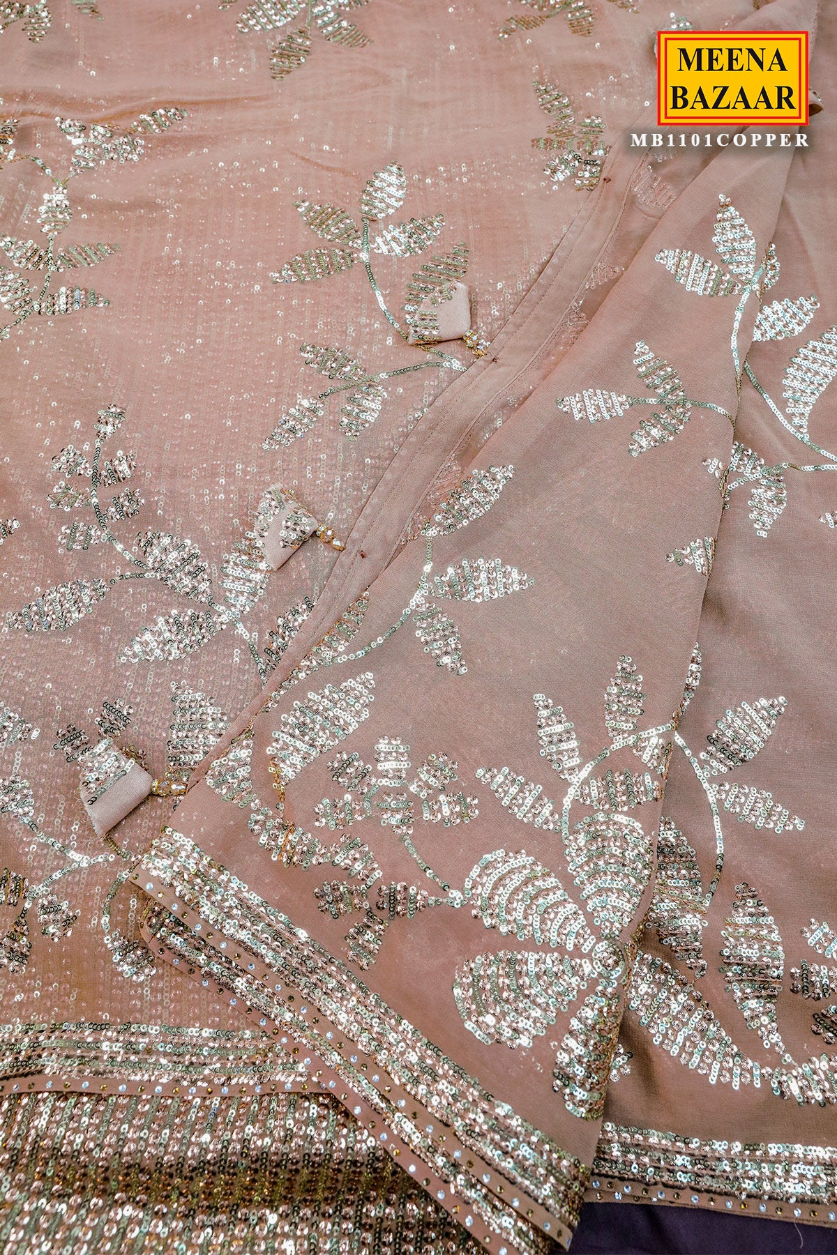 Gold Floral Sequin Embroidered Georgette Saree - Image 7