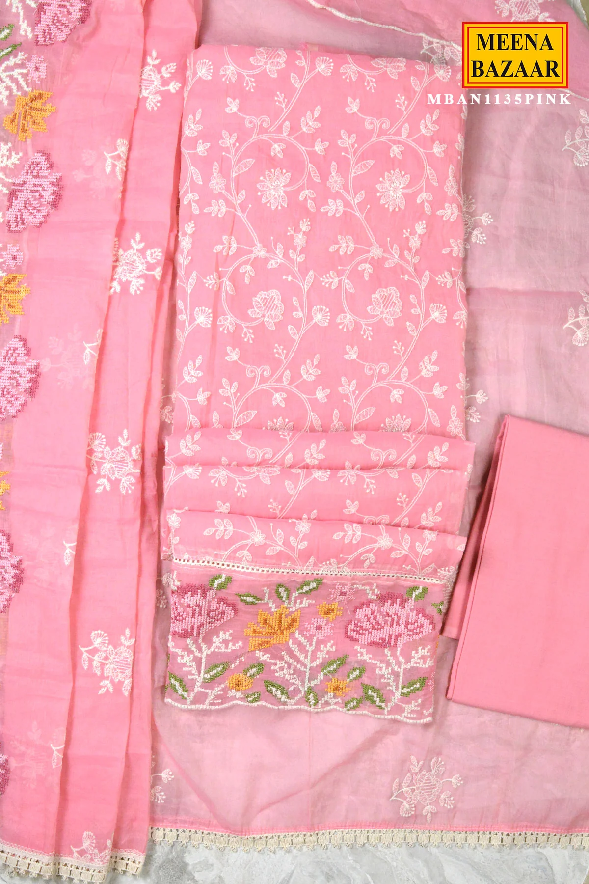 Pink Embroidered Suit Set with Dupatta - Image 3