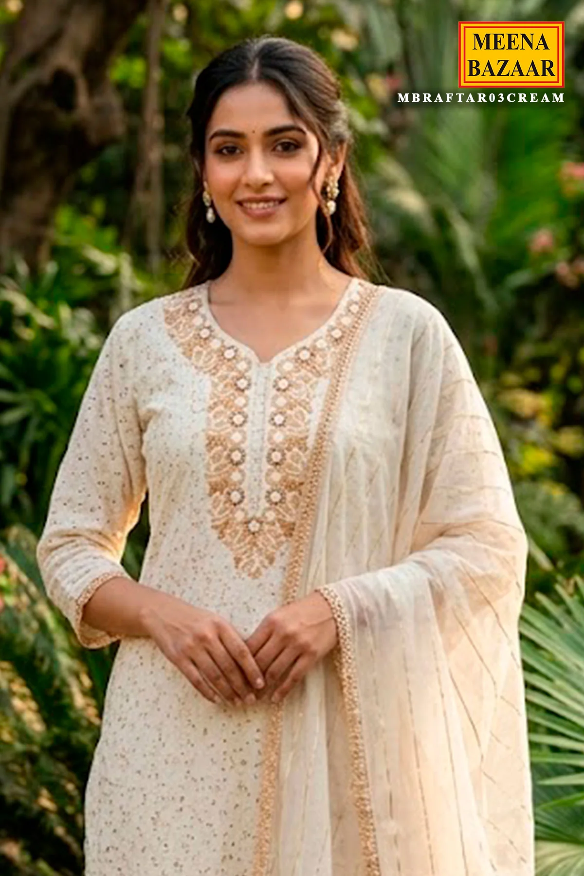 Cream Cotton Embroidered Unstitched Suit - Image 2
