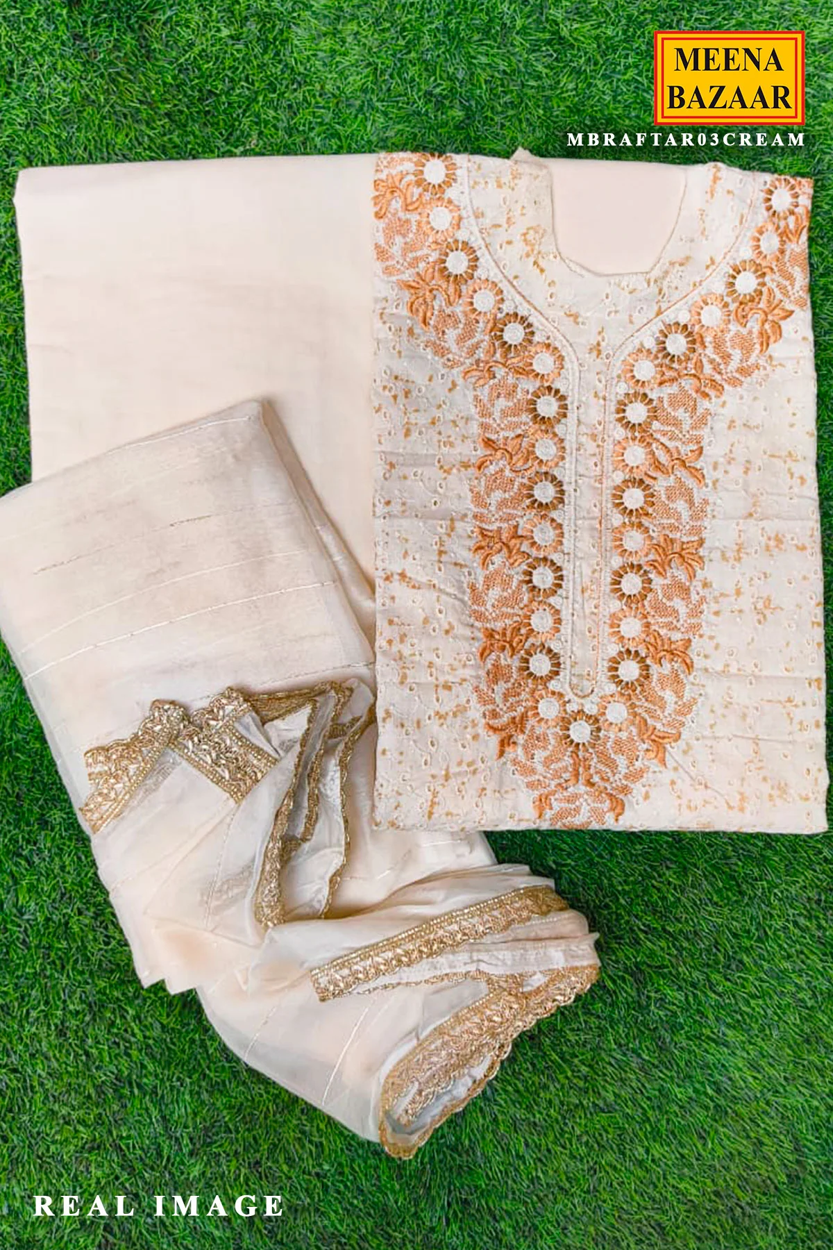 Cream Cotton Embroidered Unstitched Suit - Image 4