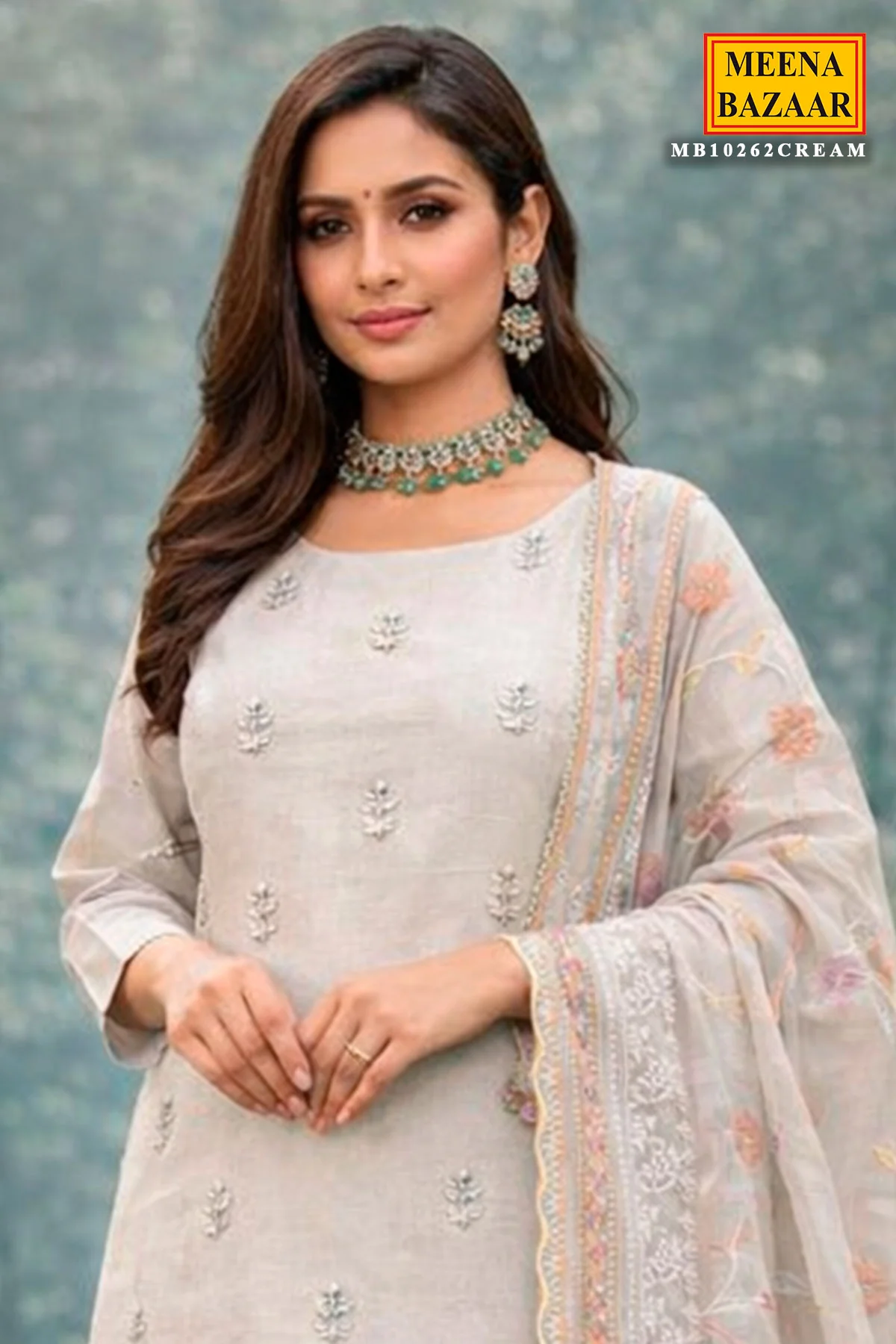 Cream Cotton Embroidered Unstitched Suit - Image 2