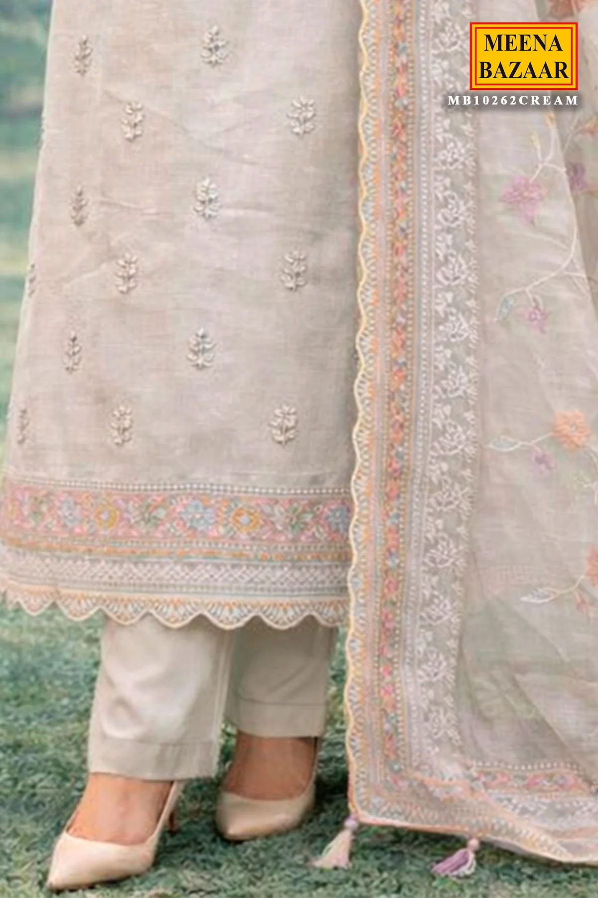 Cream Cotton Embroidered Unstitched Suit - Image 3