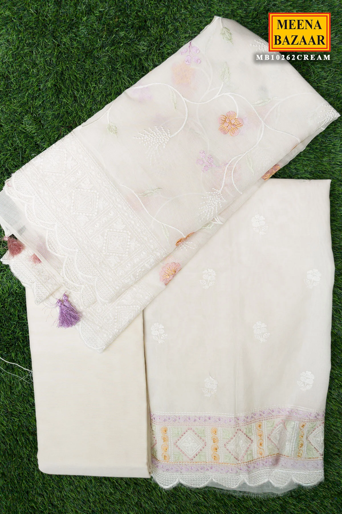 Cream Cotton Embroidered Unstitched Suit - Image 4