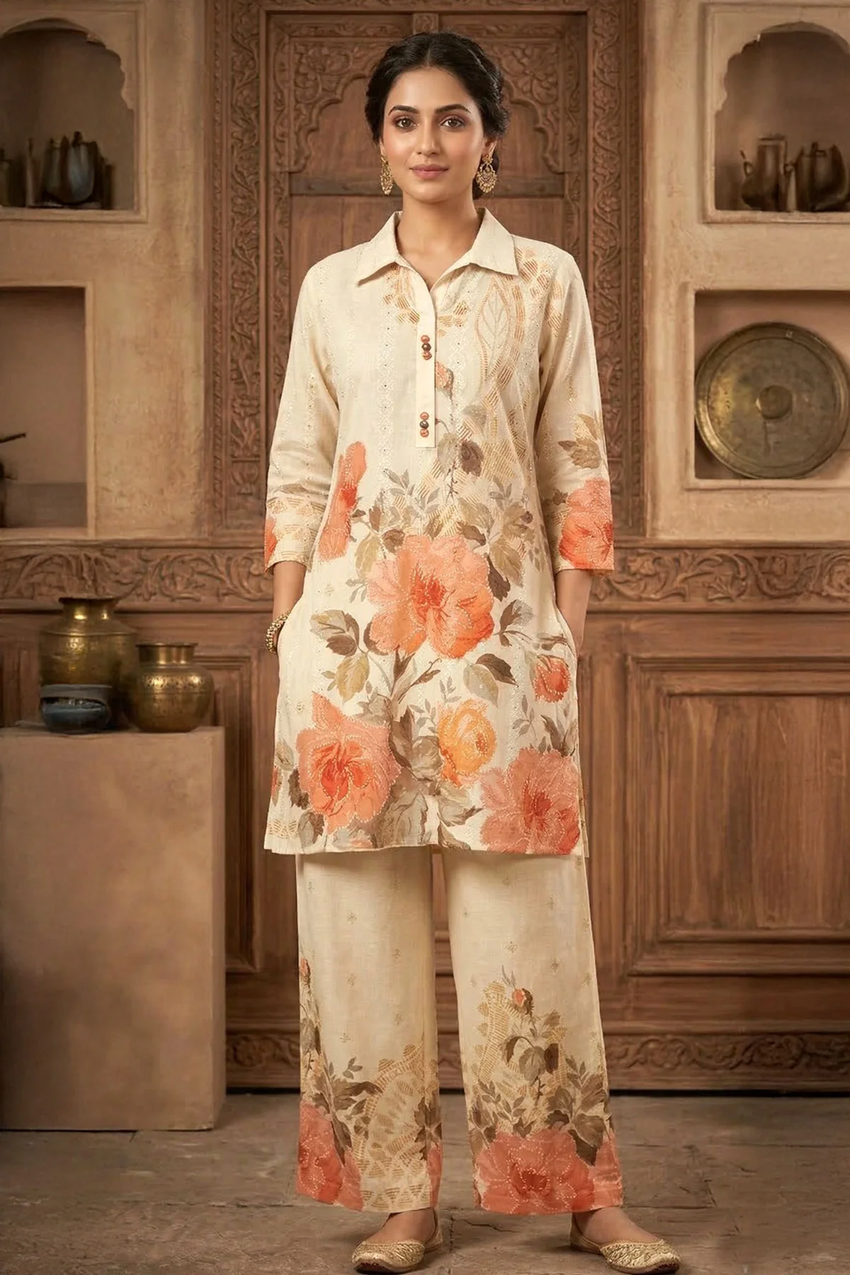 Cream Cotton Kurti Suit with Neck Embroidery