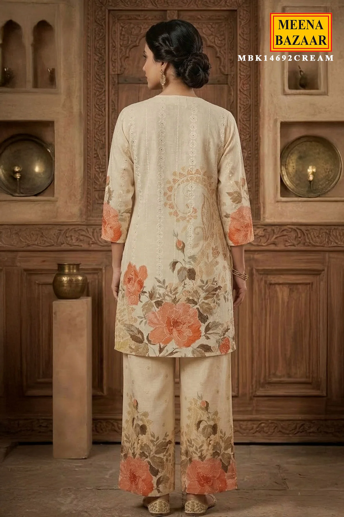 Cream Cotton Kurti Suit with Neck Embroidery - Image 3