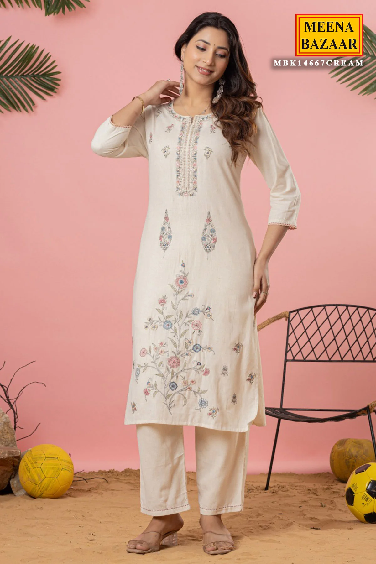 Cream Cotton Ready-Made Suit with Elegant Embroidered Neckline - Image 2