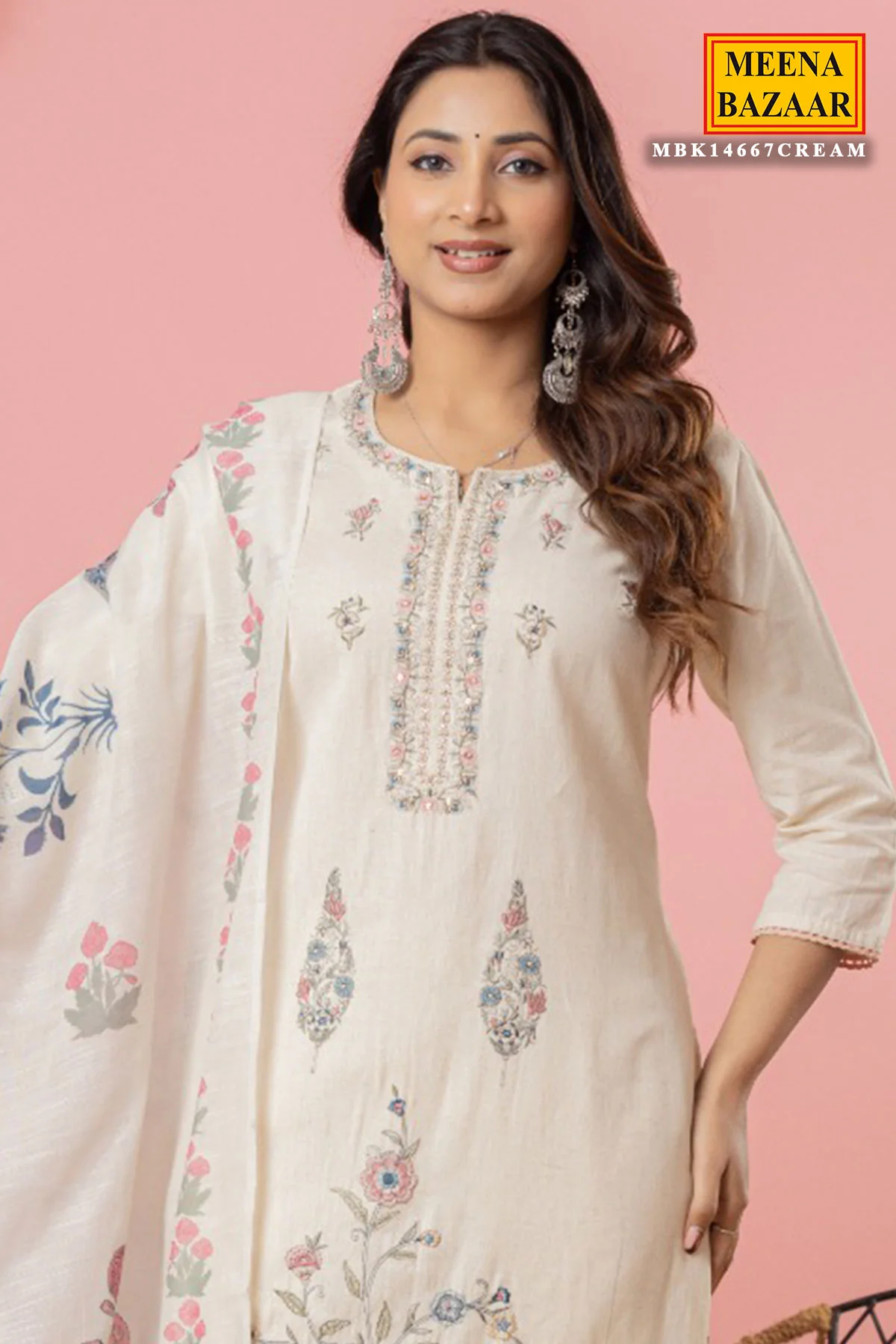 Cream Cotton Ready-Made Suit with Elegant Embroidered Neckline - Image 3