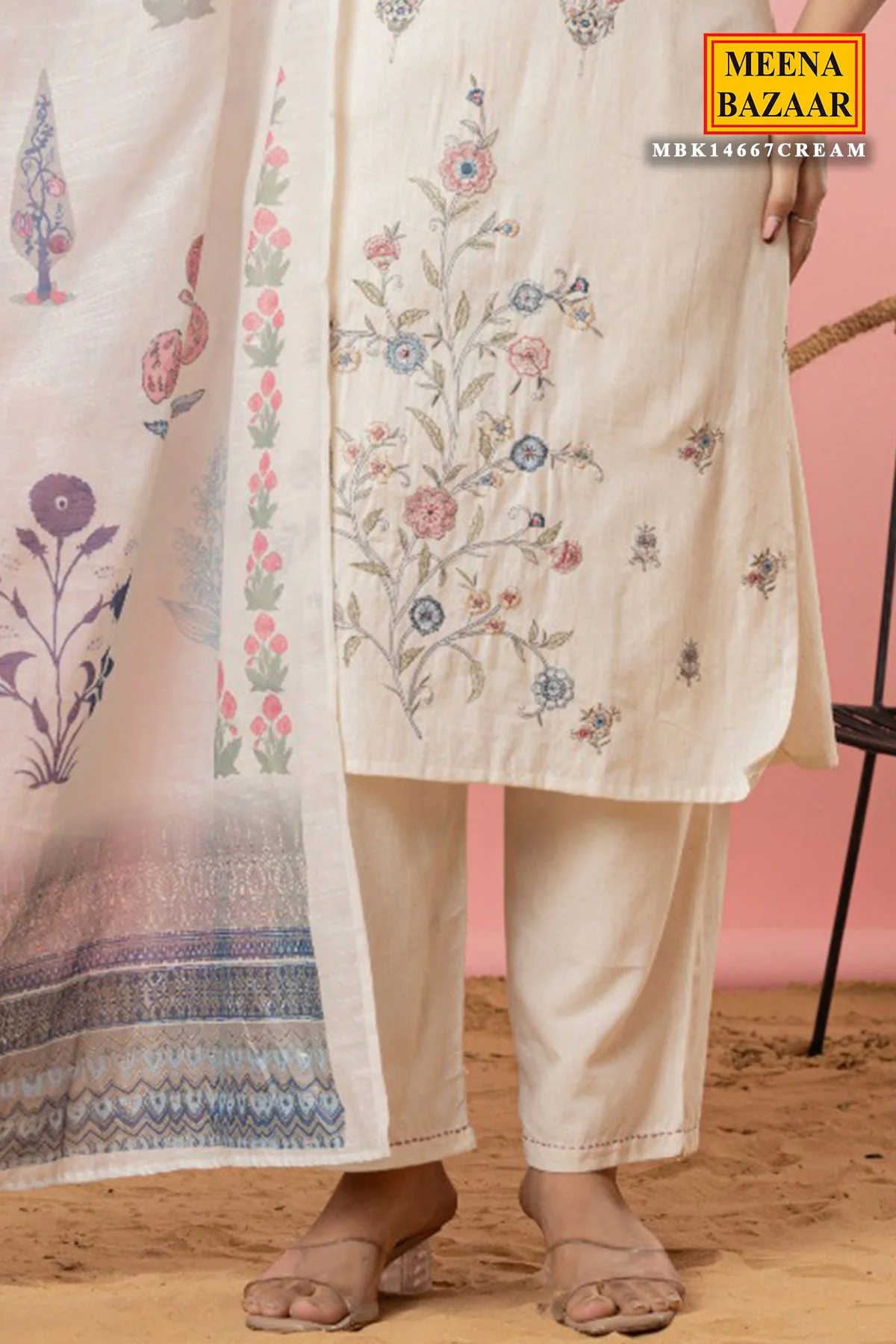 Cream Cotton Ready-Made Suit with Elegant Embroidered Neckline - Image 4