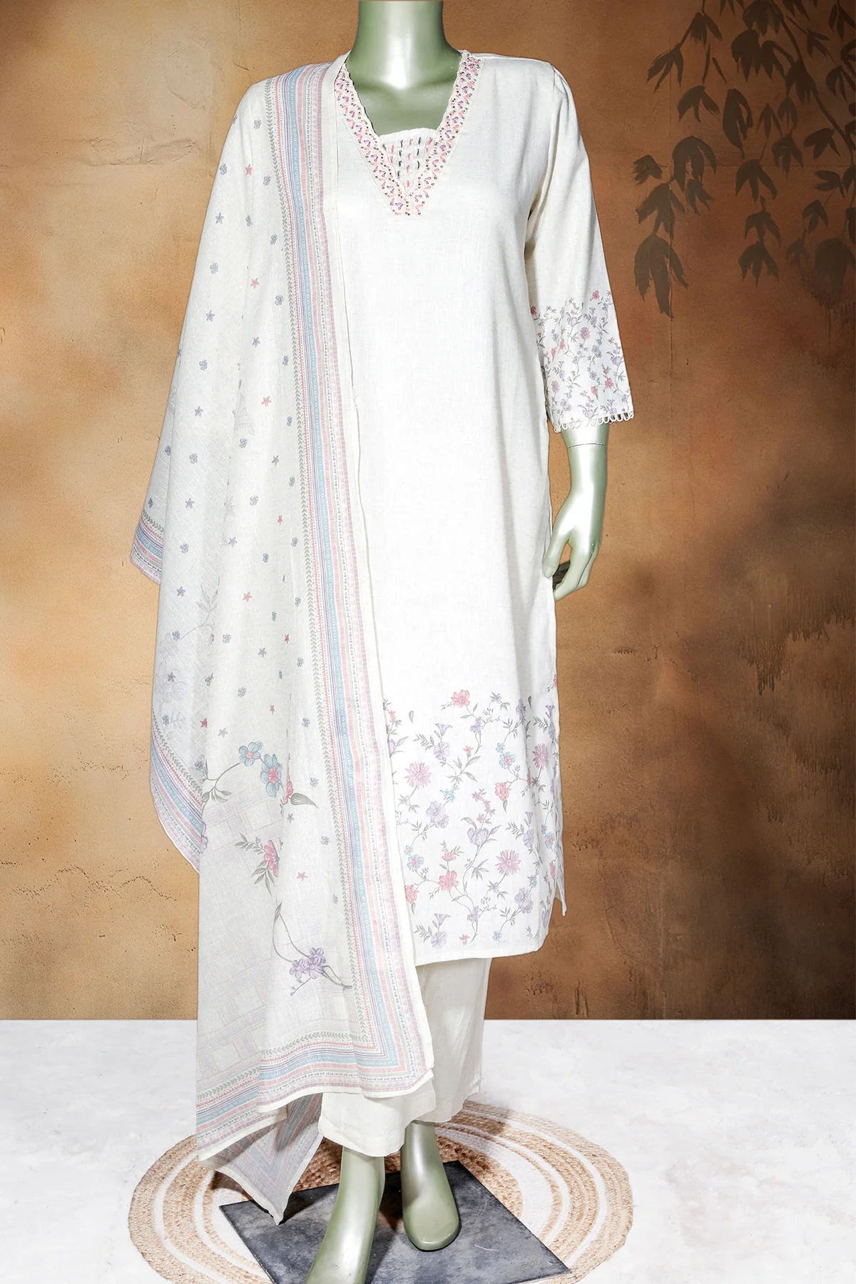 Cream Cotton Ready-Made Suit with Elegant Neck Embroidery - Image 2