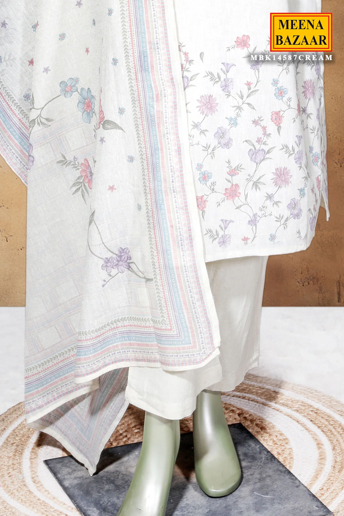 Cream Cotton Ready-Made Suit with Elegant Neck Embroidery - Image 4
