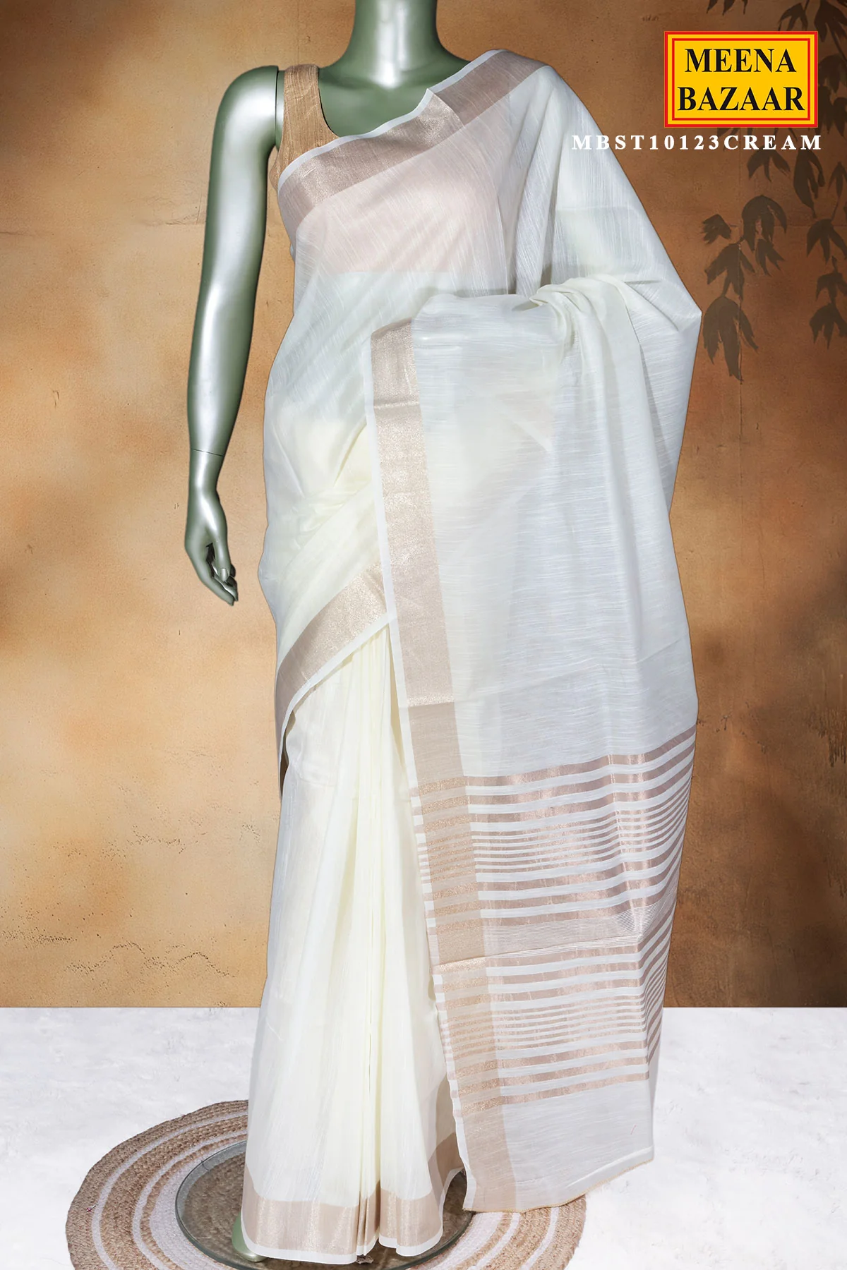 Cream Cotton Saree with Traditional Weaving - Image 2