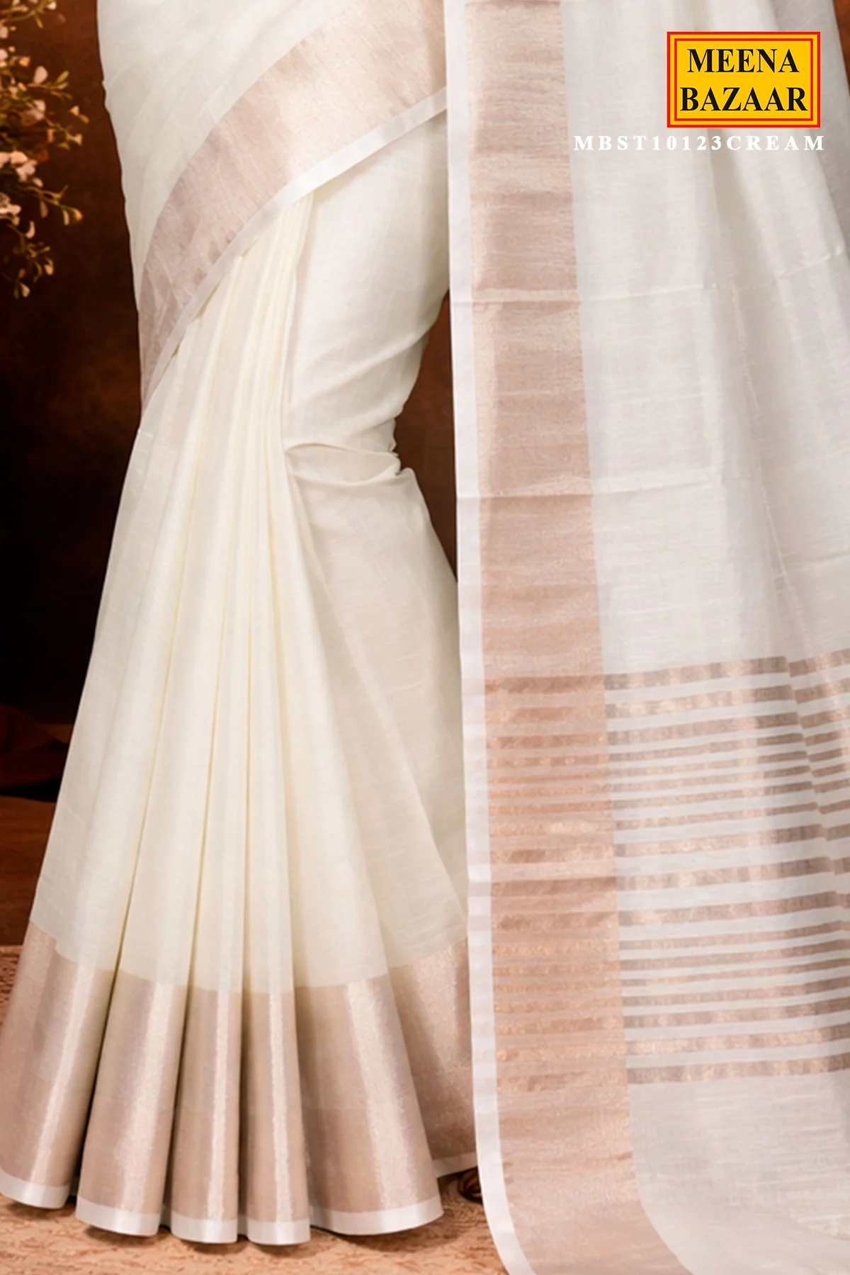 Cream Cotton Saree with Traditional Weaving - Image 3