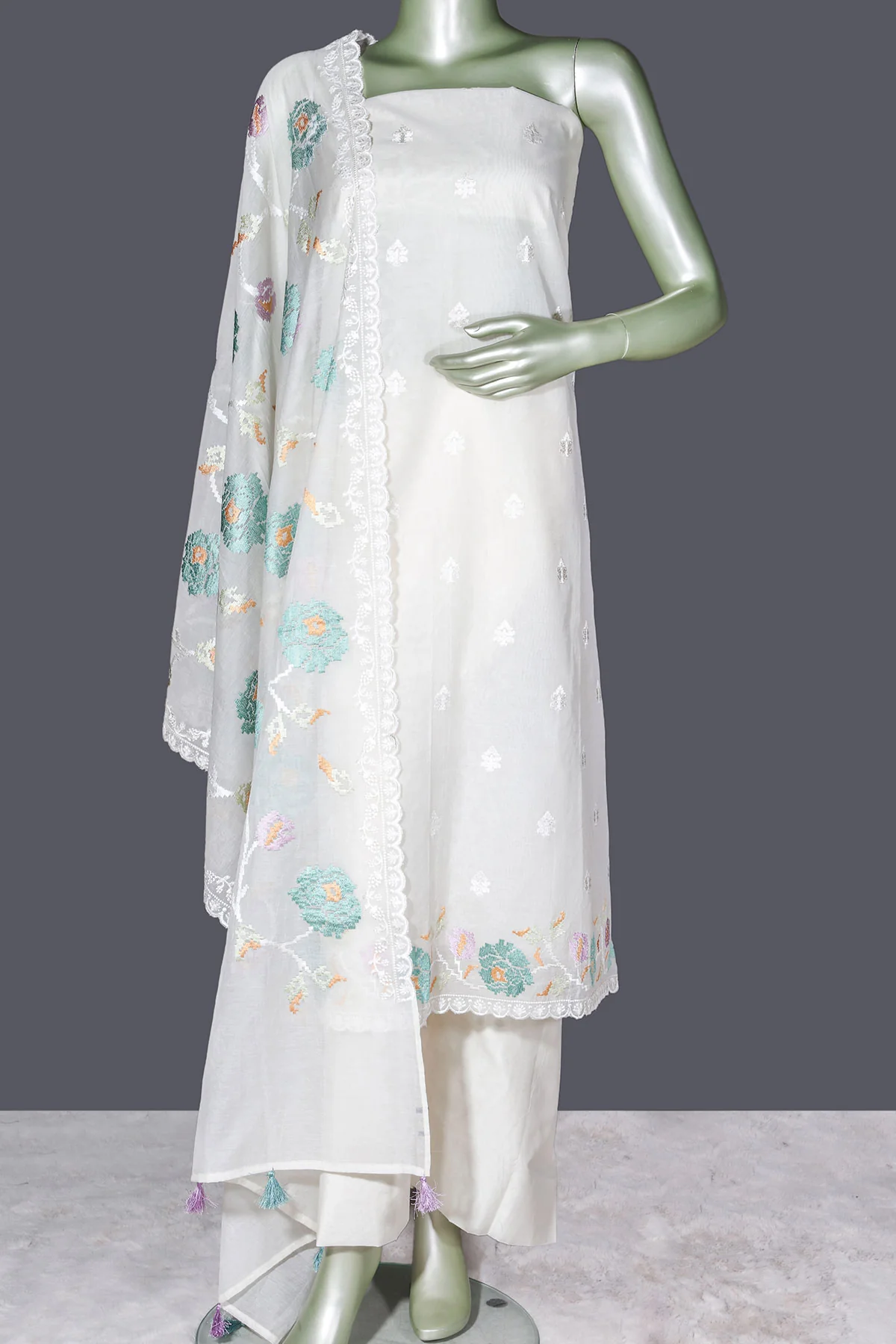 Cream Cotton Unstitched Suit with Embroidery Detail - Image 5