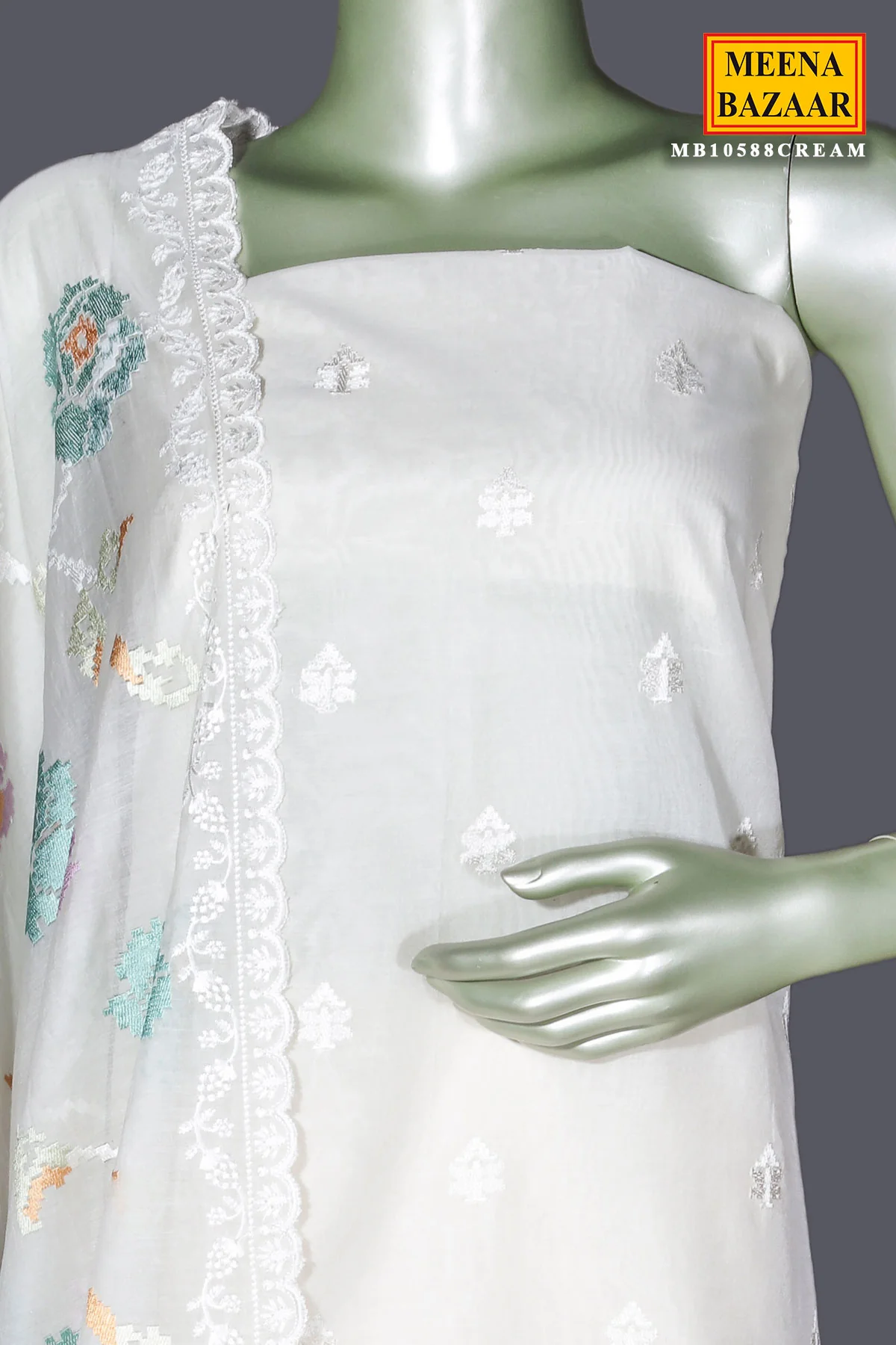 Cream Cotton Unstitched Suit with Embroidery Detail - Image 6