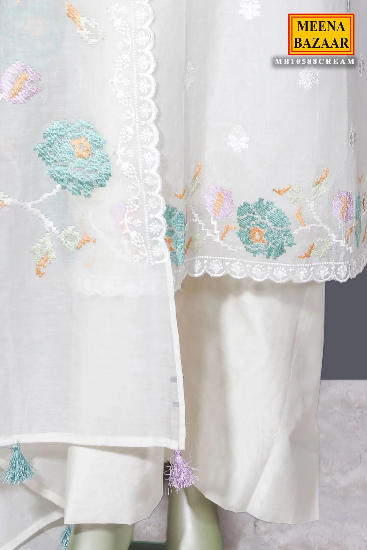 Cream Cotton Unstitched Suit with Embroidery Detail - Image 7