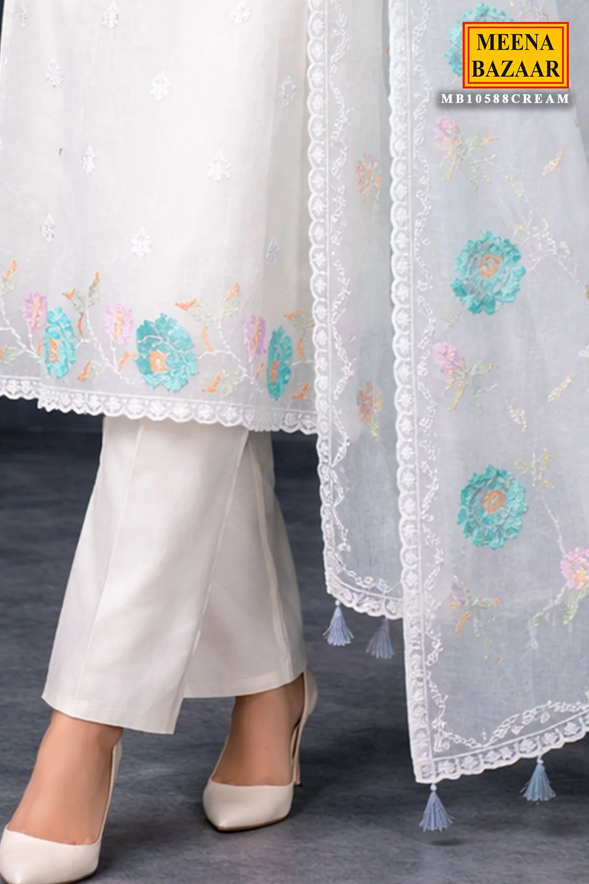 Cream Cotton Unstitched Suit with Embroidery Detail - Image 9