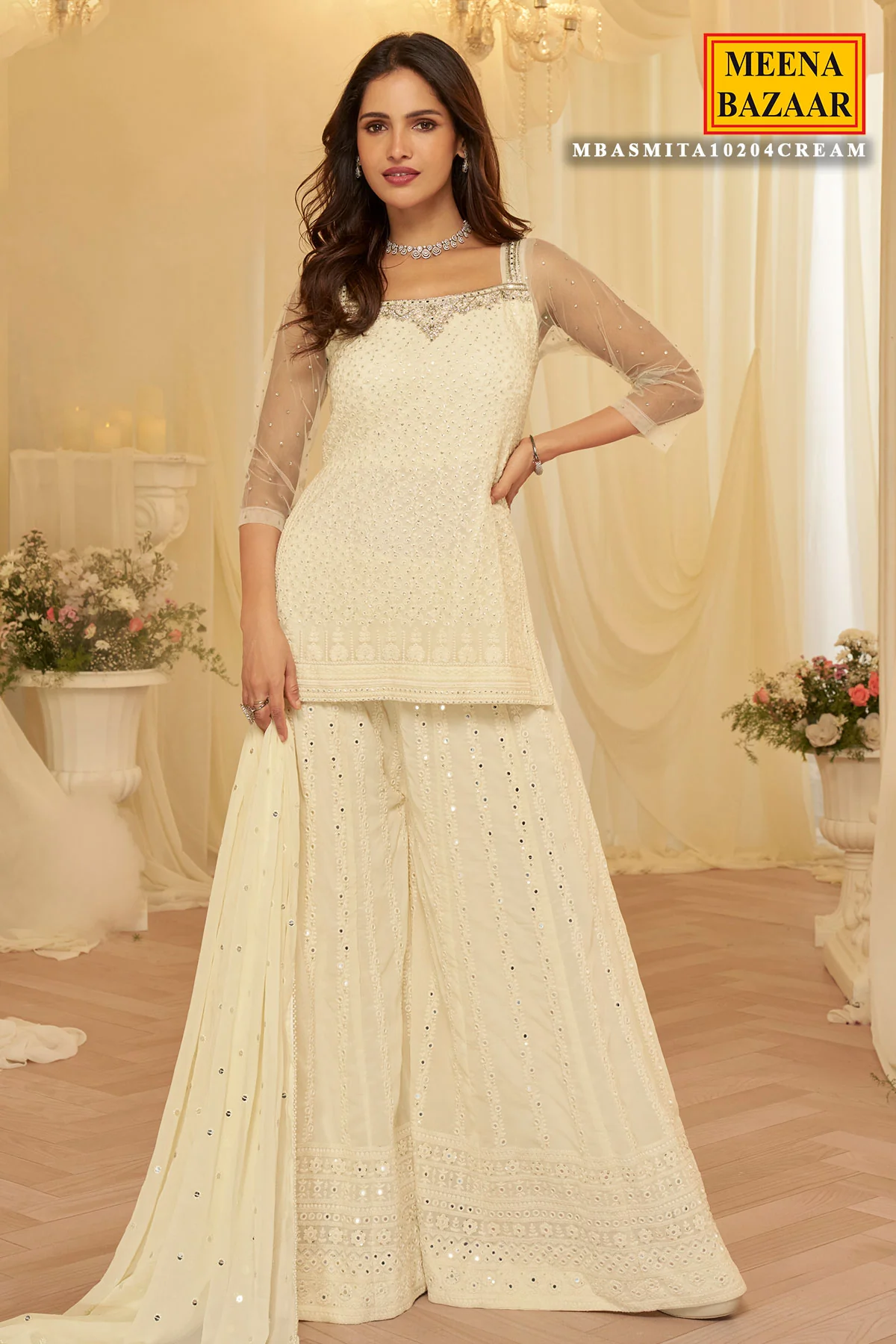 Cream Georgette Anarkali Ready Made Suit for Festive & Occasion Wear - Image 2