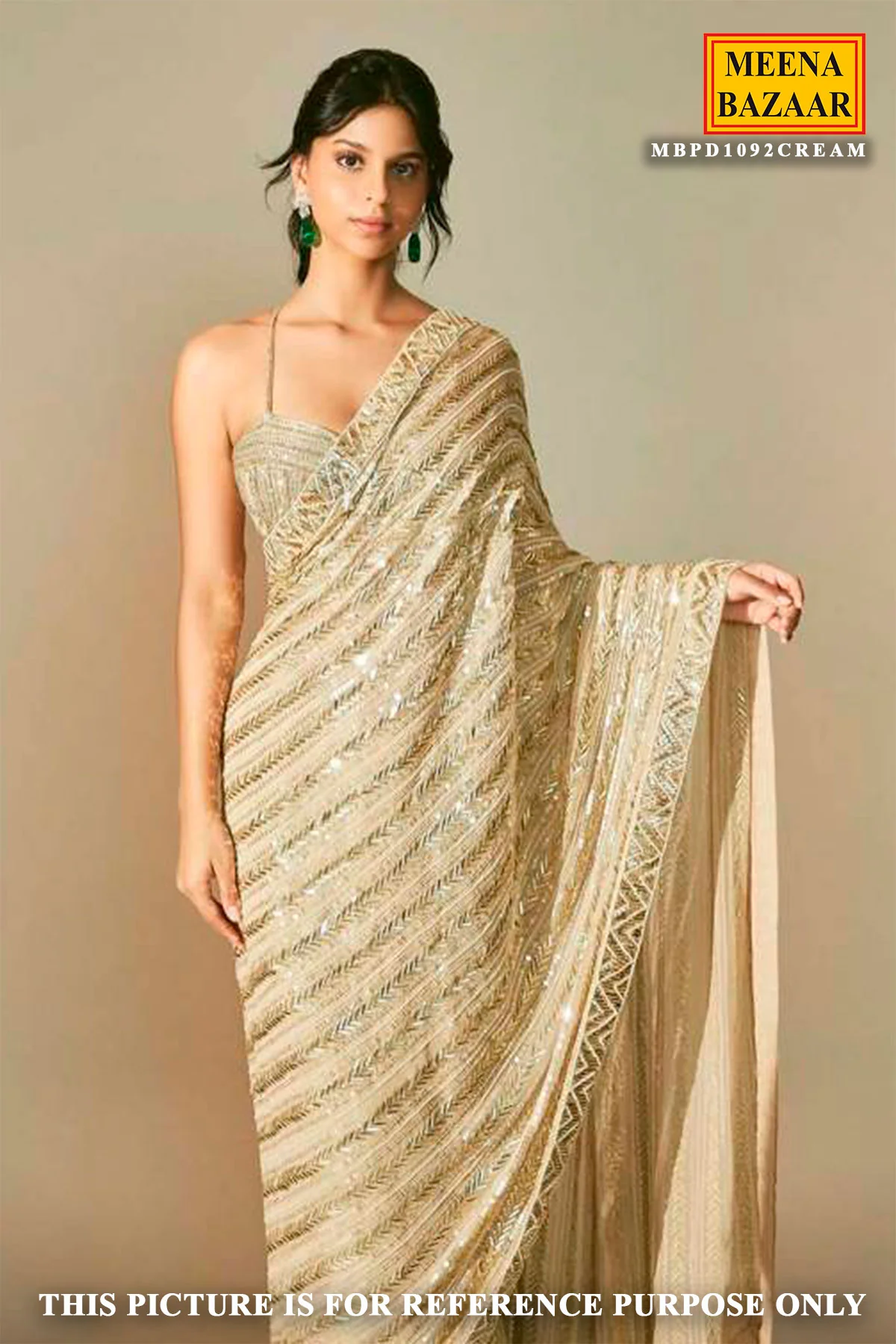 Cream Georgette Sequin Embroidered Saree - Image 2