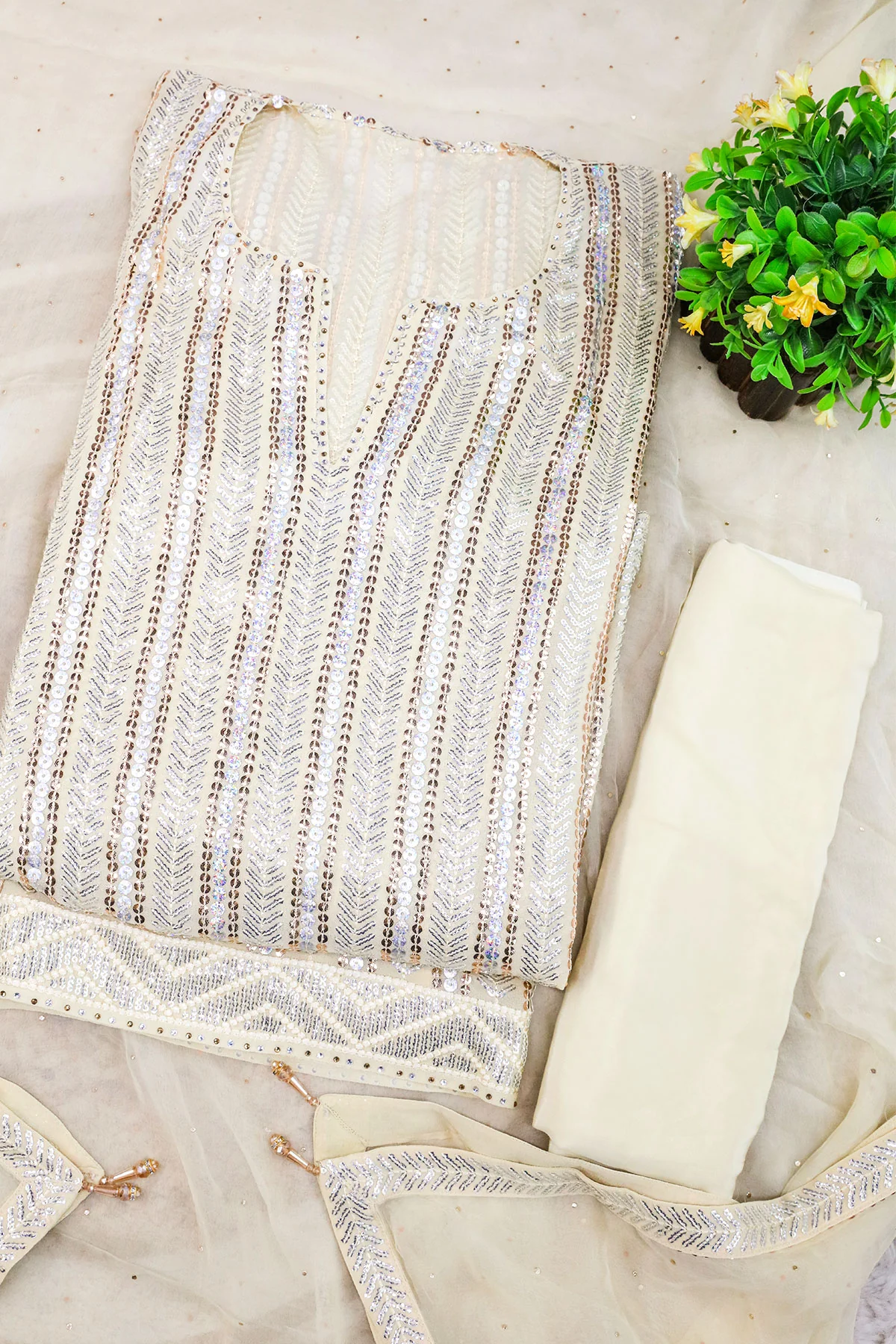 Cream Georgette Sequin Embroidered 3Pc Unstitched Suit - Image 2