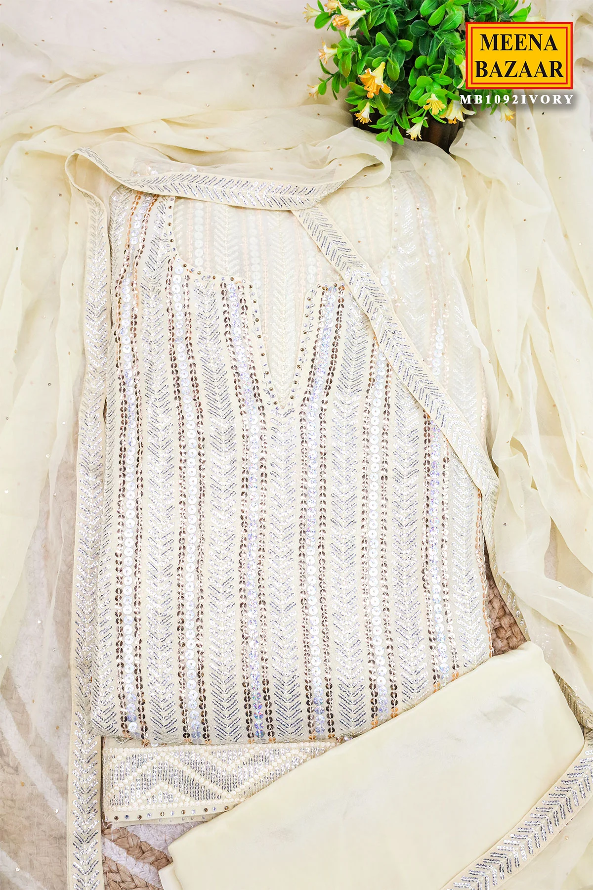 Cream Georgette Sequin Embroidered 3Pc Unstitched Suit - Image 3