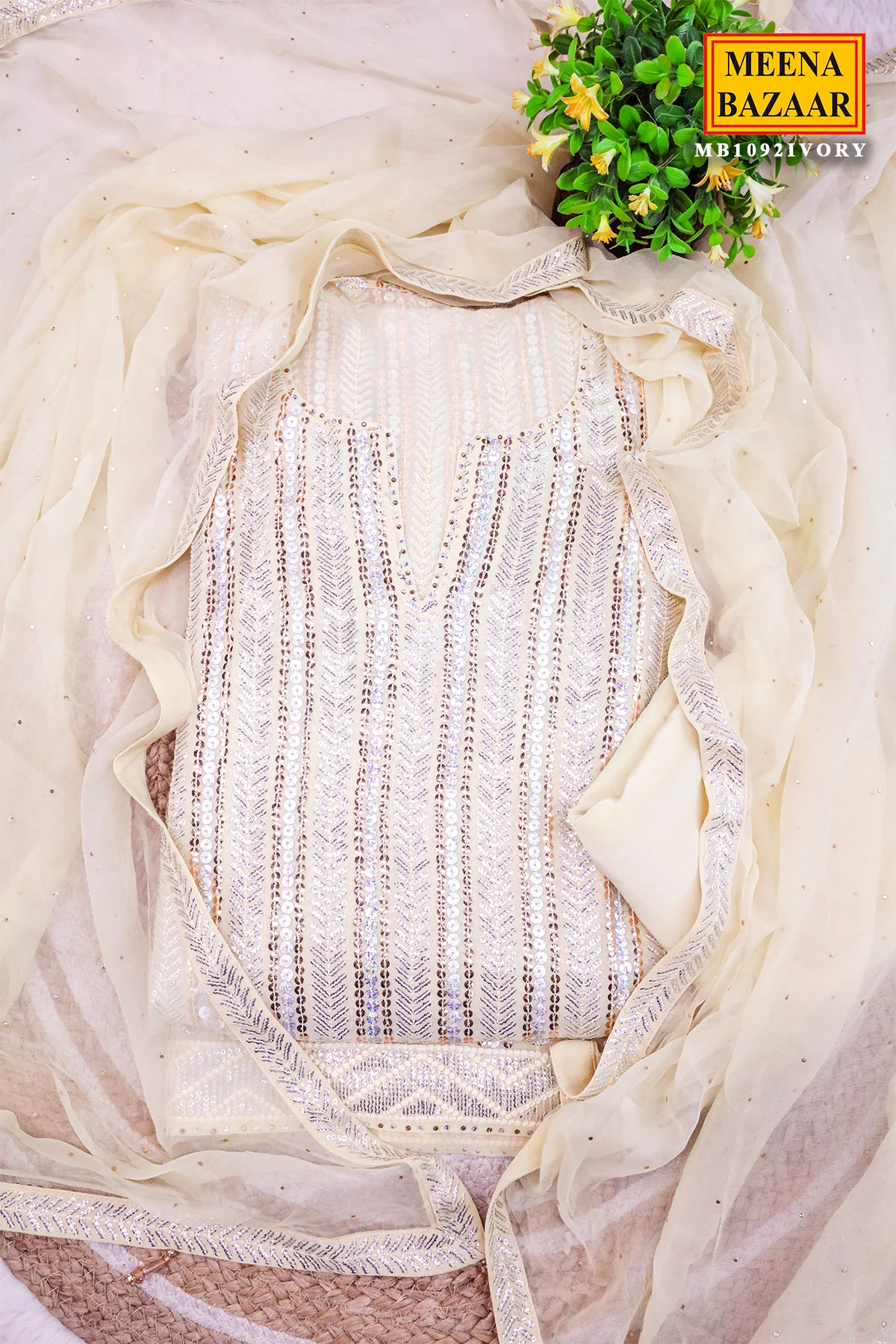 Cream Georgette Sequin Embroidered 3Pc Unstitched Suit - Image 4