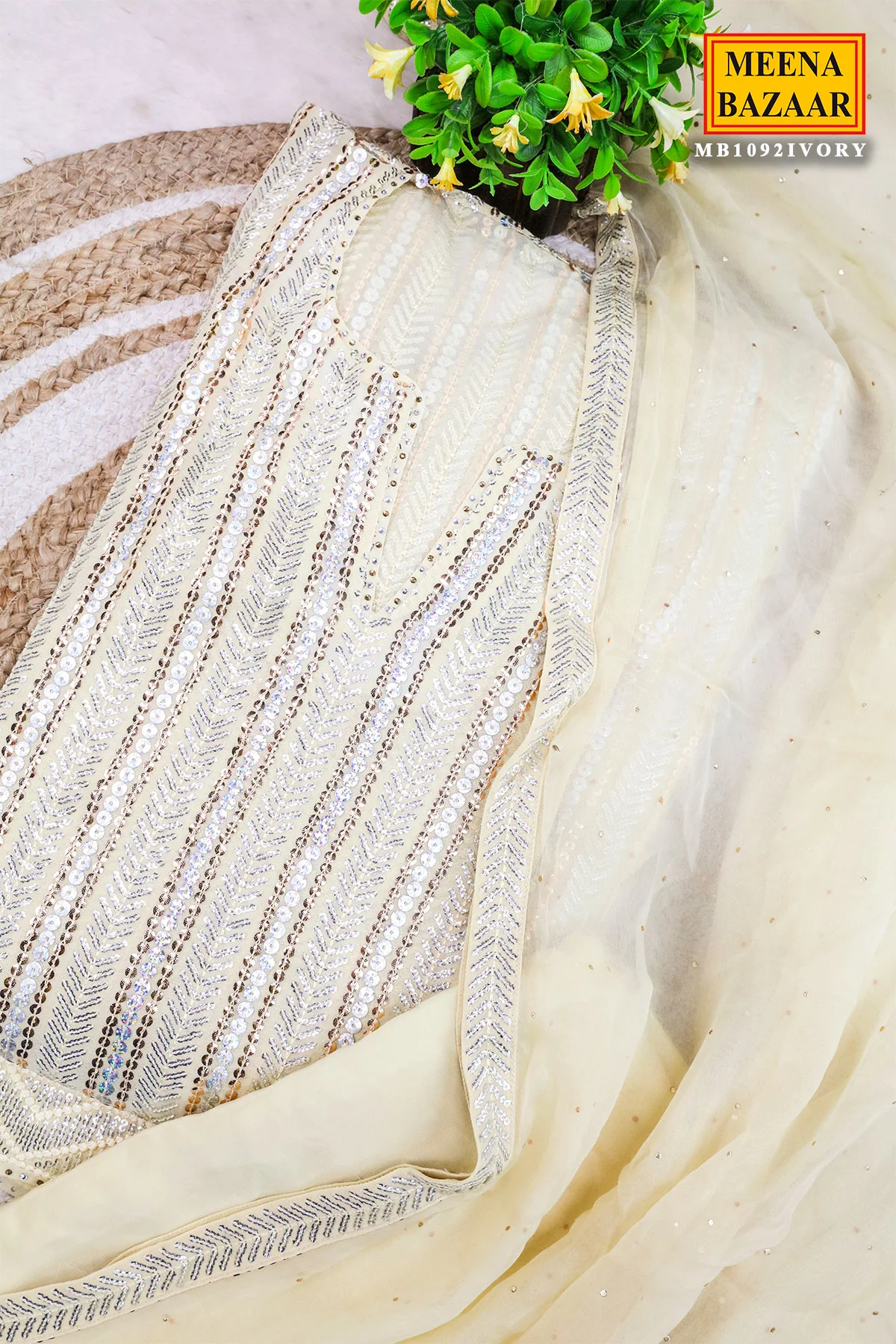 Cream Georgette Sequin Embroidered 3Pc Unstitched Suit - Image 5