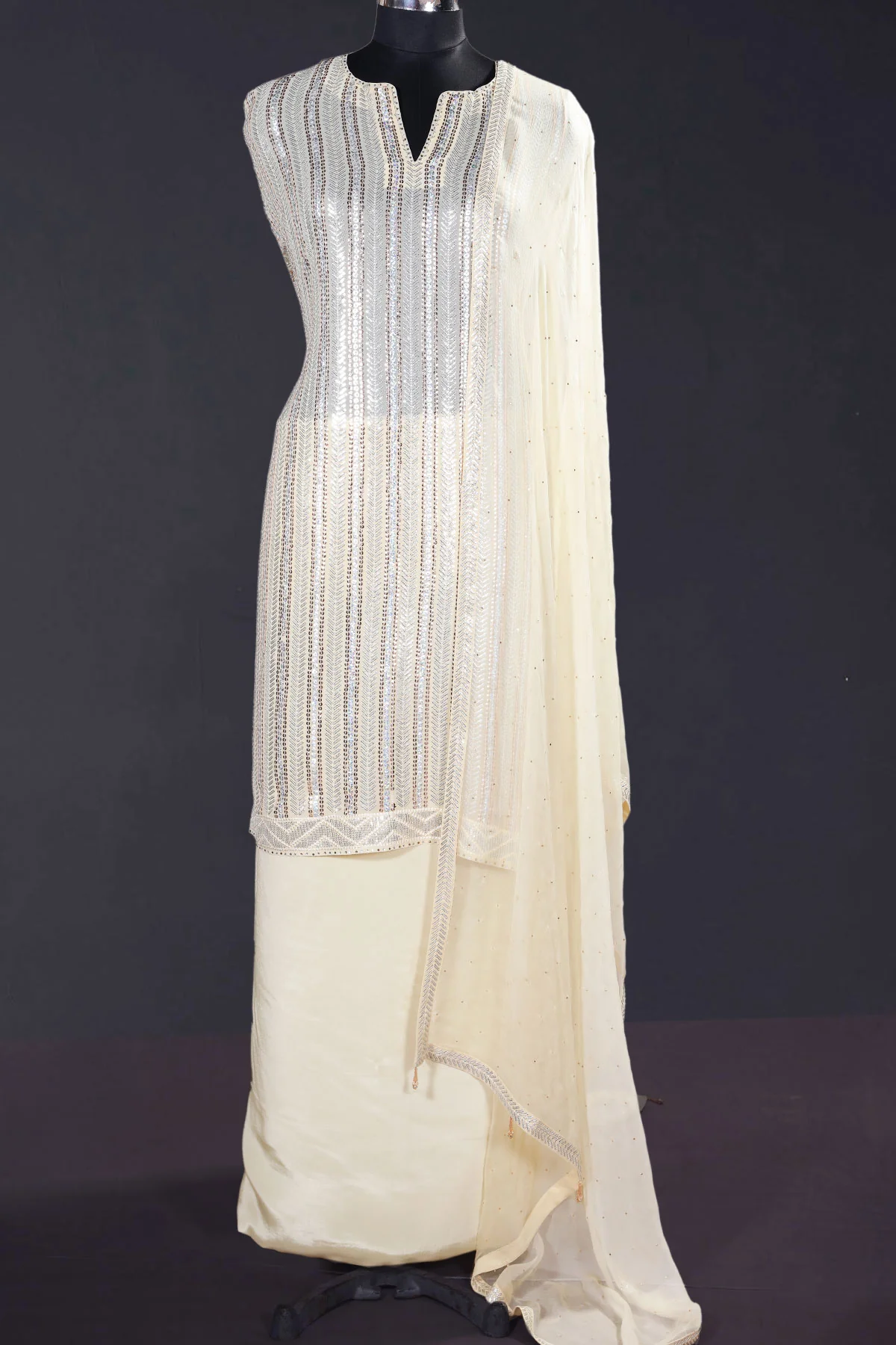 Cream Georgette Sequin Embroidered 3Pc Unstitched Suit - Image 6