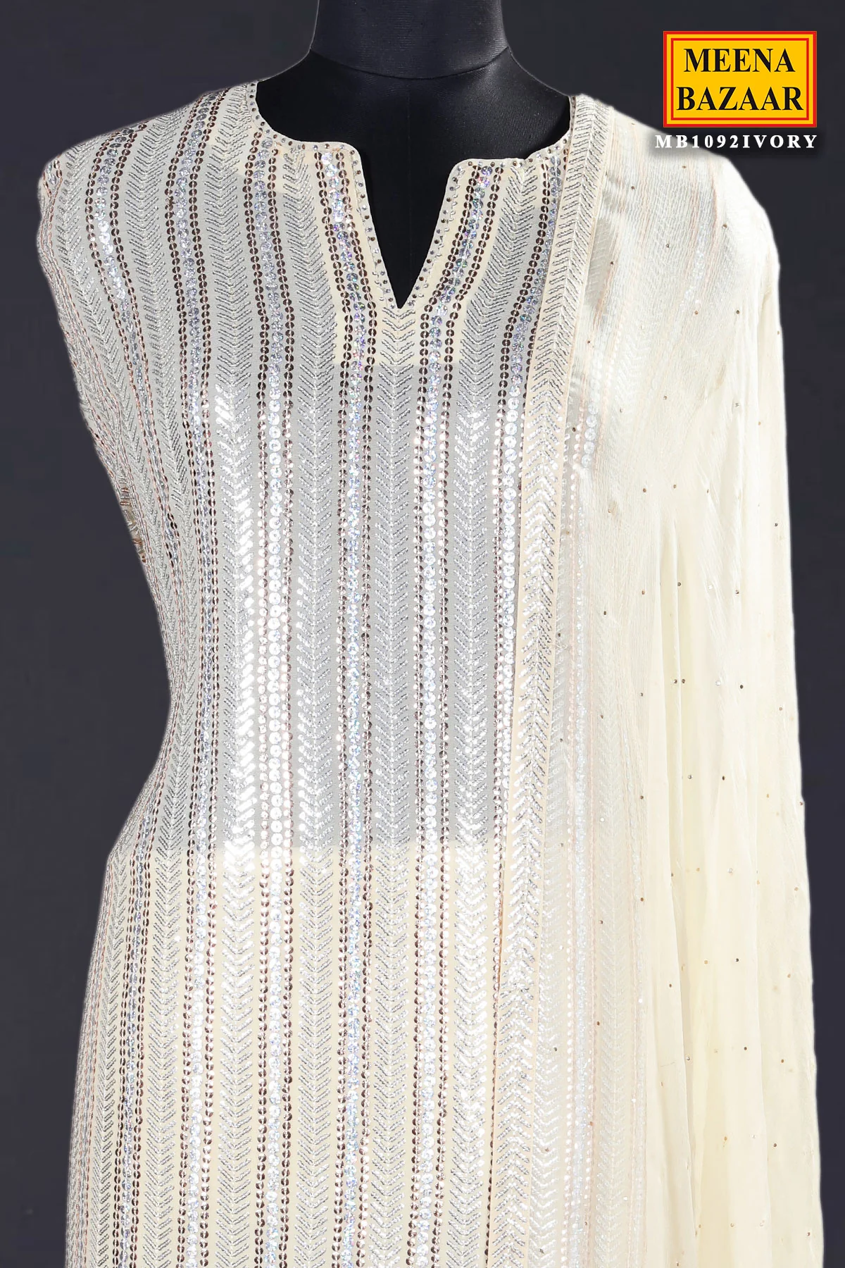 Cream Georgette Sequin Embroidered 3Pc Unstitched Suit - Image 7