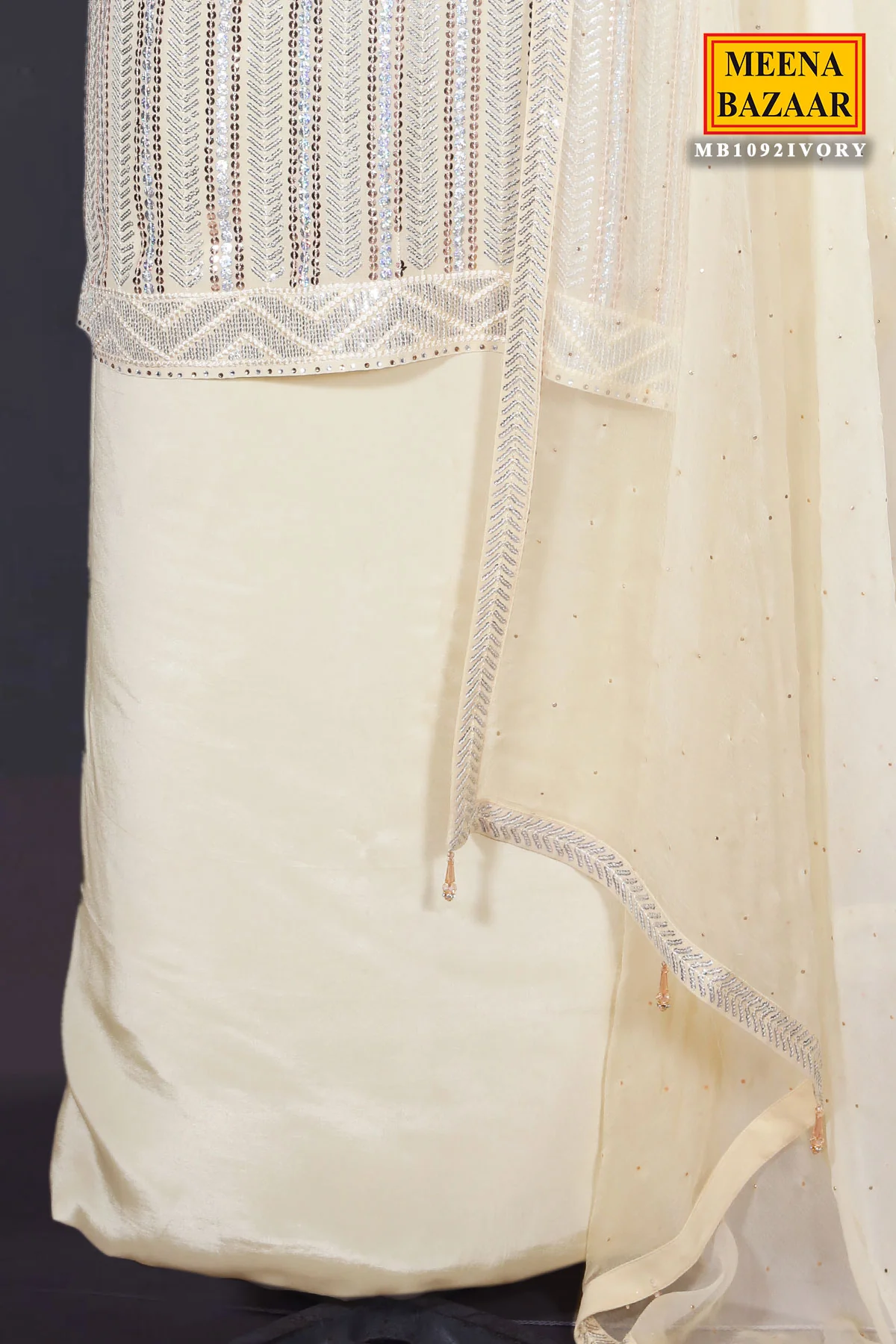 Cream Georgette Sequin Embroidered 3Pc Unstitched Suit - Image 8