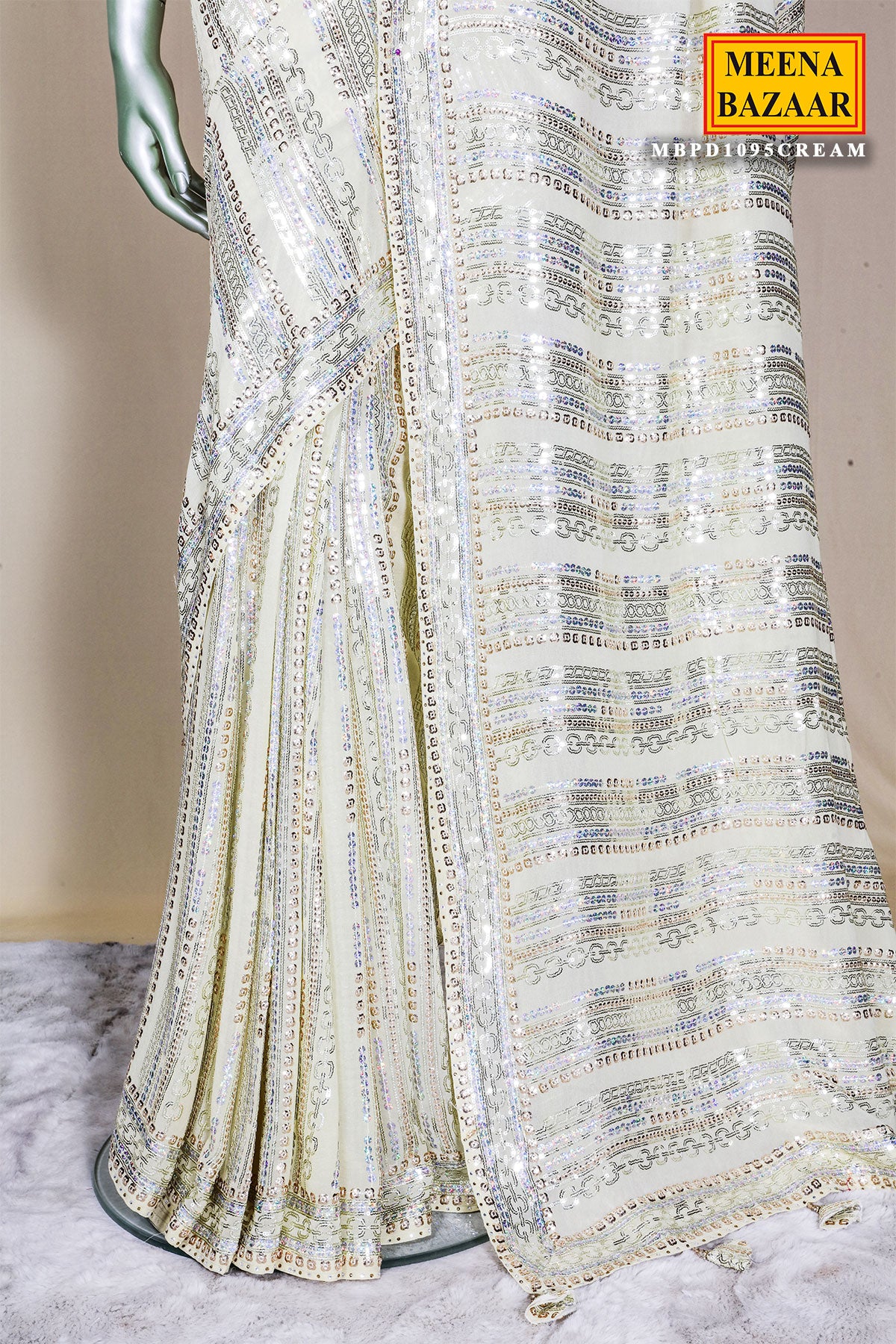 Cream Georgette Sequin Work Saree Sequins Designer Party Wear Saree - Image 3