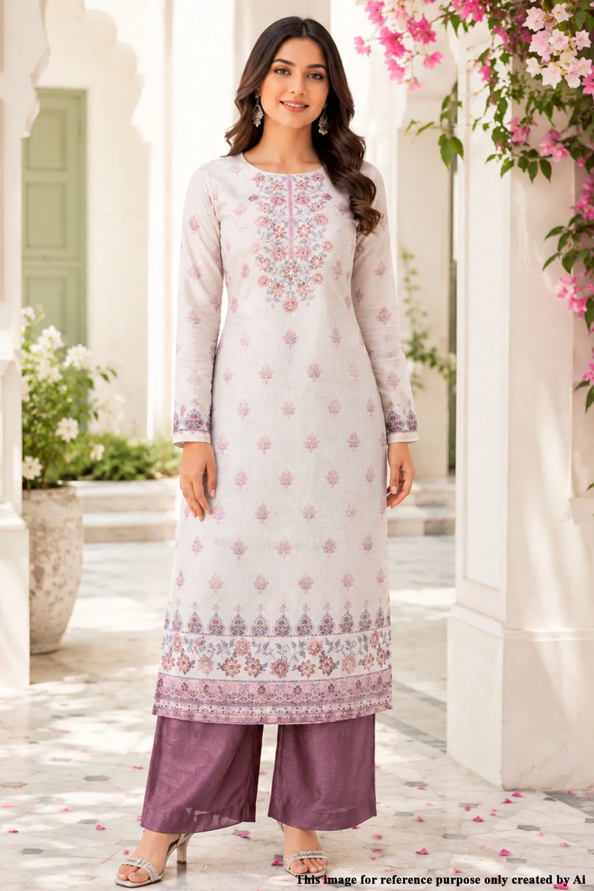 Cream & Mauve Floral Printed Chanderi Embroidered Unstitched Suit Set - Image 4