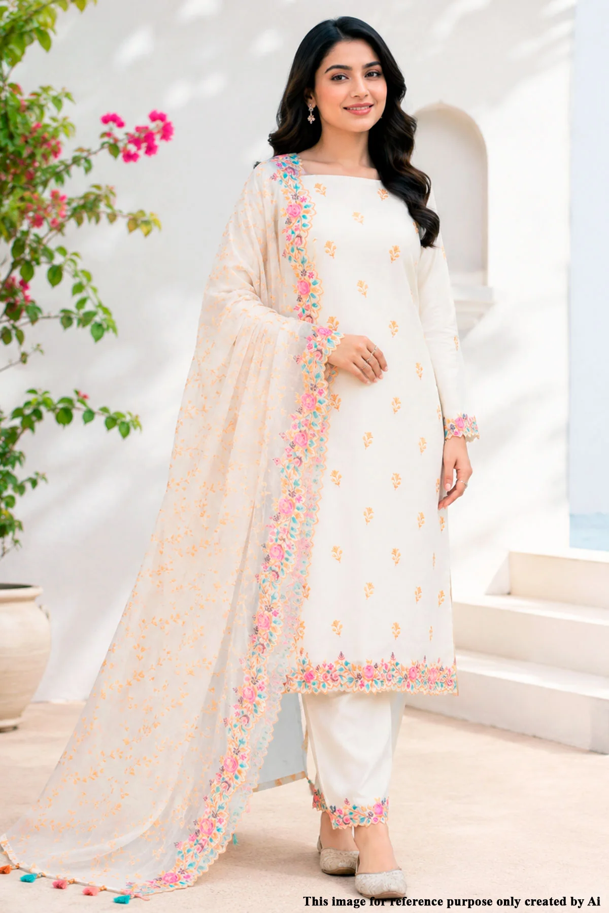 Cream & Mustard Embroidered Chanderi Unstitched Suit Set