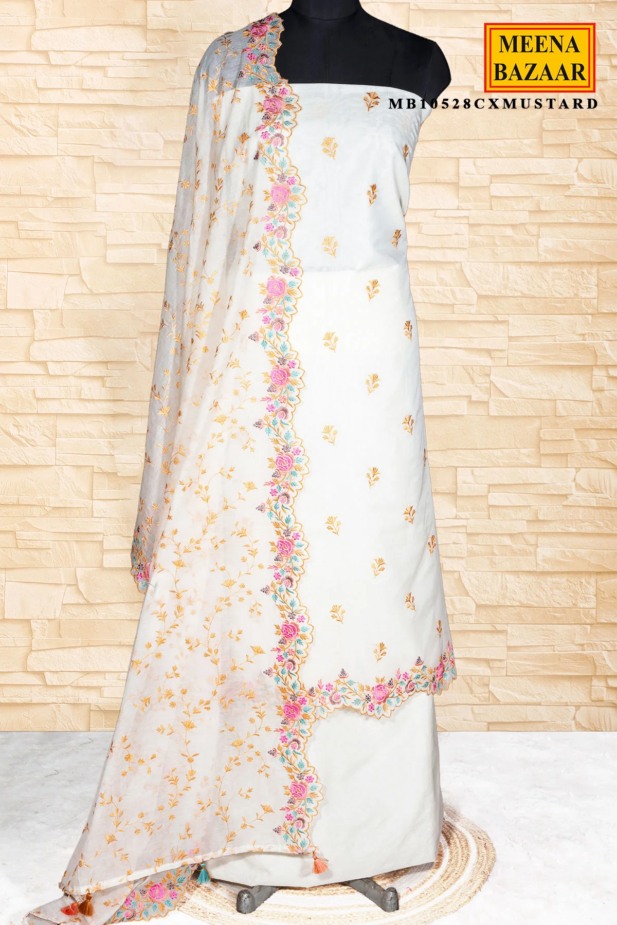 Cream & Mustard Embroidered Chanderi Unstitched Suit Set - Image 2