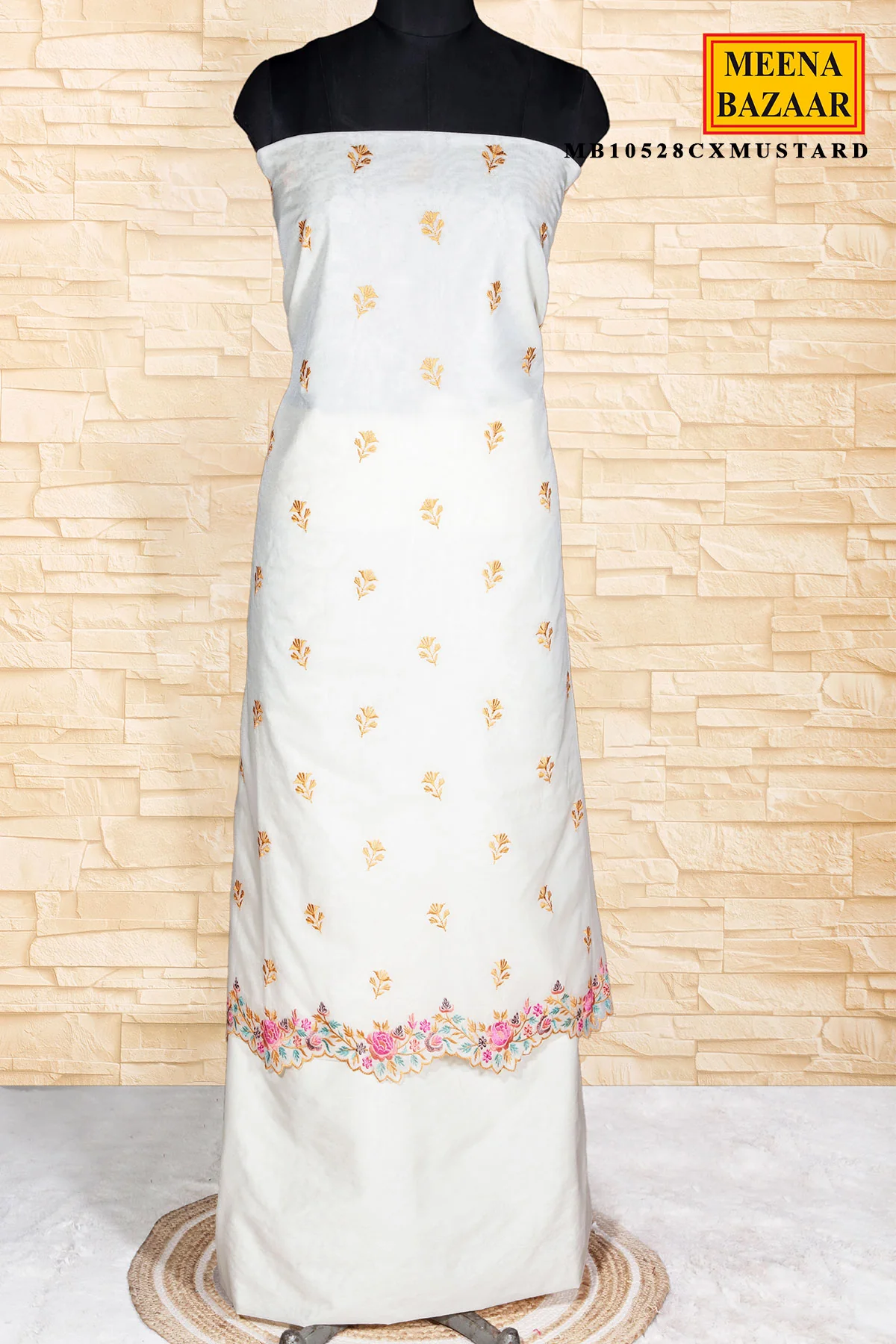 Cream & Mustard Embroidered Chanderi Unstitched Suit Set - Image 3