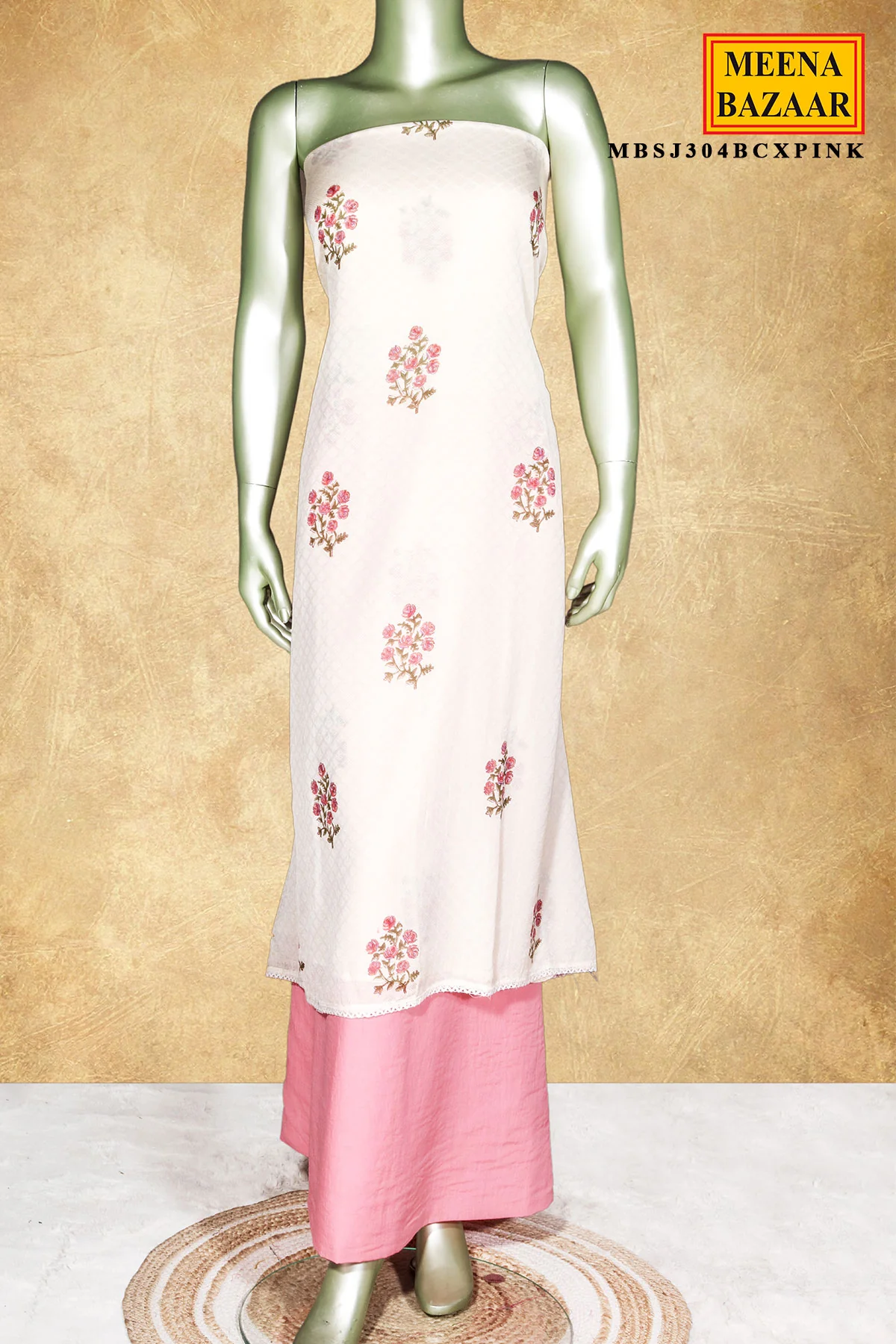 Cream & Pink Floral Printed Cotton Unstitched Suit Set - Image 2