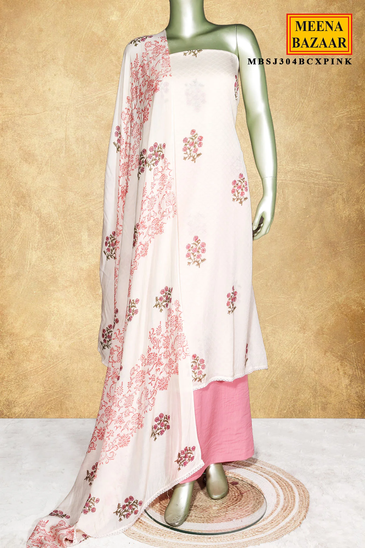Cream & Pink Floral Printed Cotton Unstitched Suit Set - Image 3